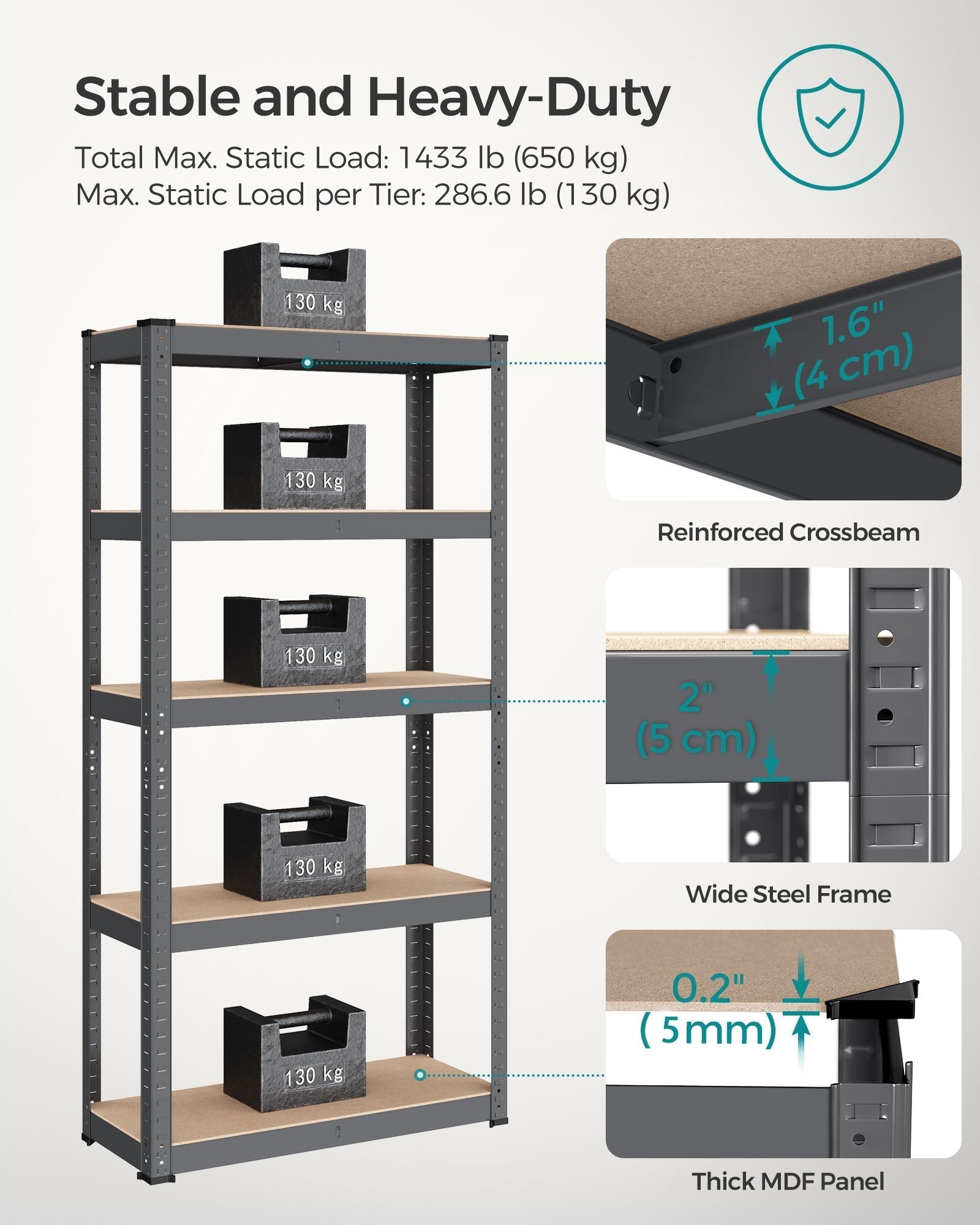 5-Tier Steel Shelving Unit - Reinforced Steel - Slate Grey - Adjustable Shelves