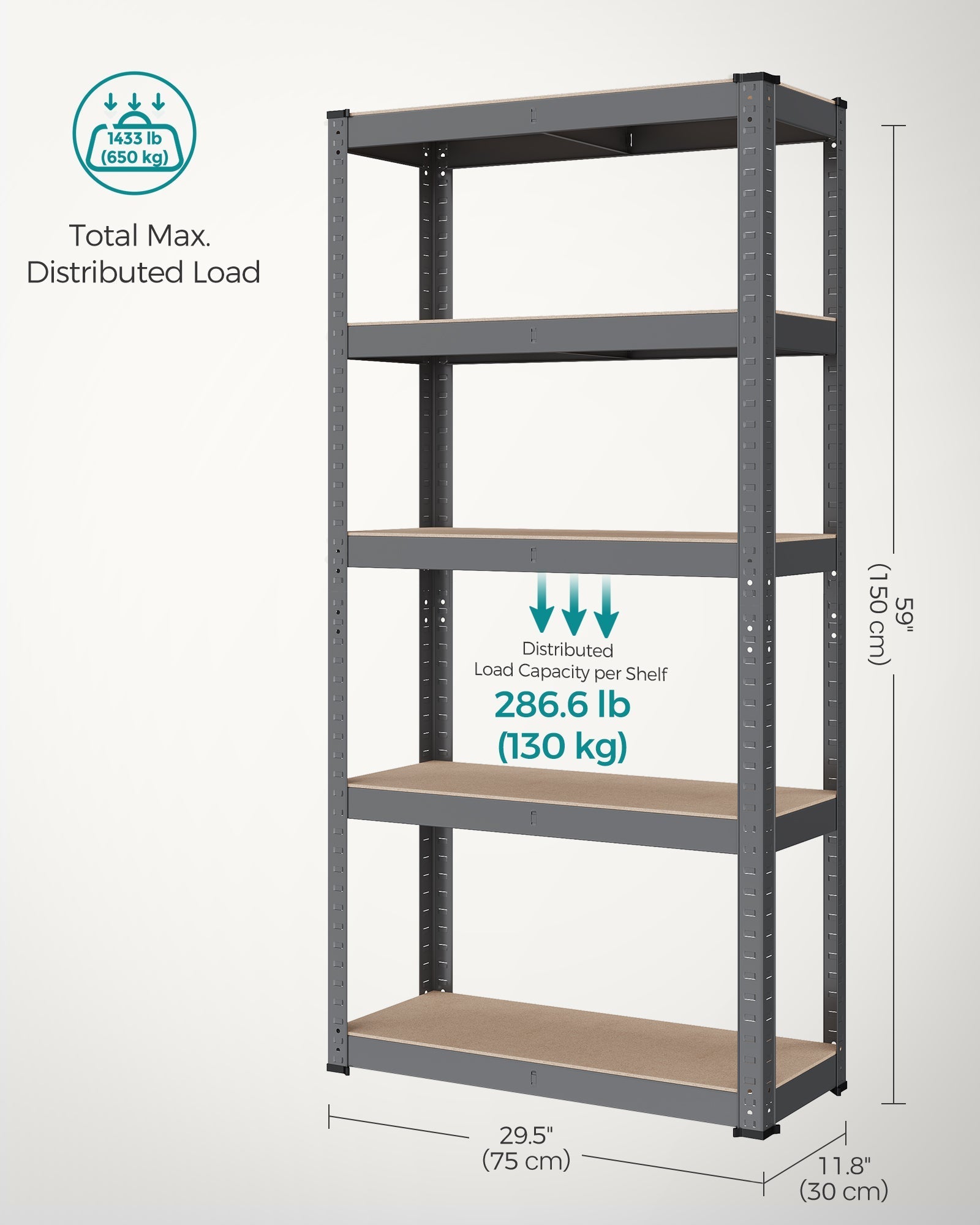 5-Tier Steel Shelving Unit - Reinforced Steel - Slate Grey - Adjustable Shelves