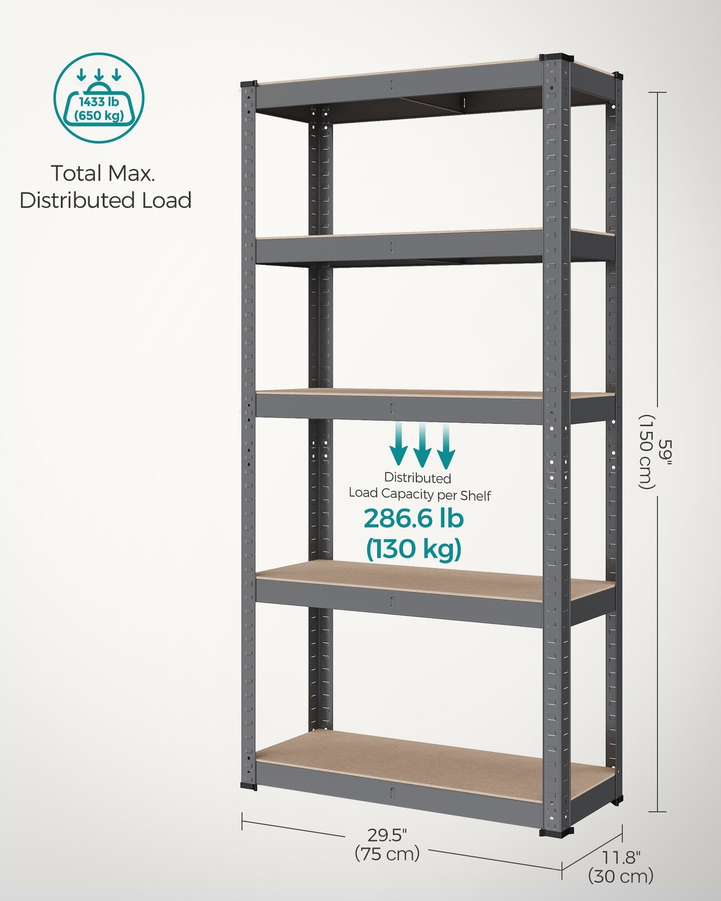 5-Tier Steel Shelving Unit - Reinforced Steel - Slate Grey - Adjustable Shelves