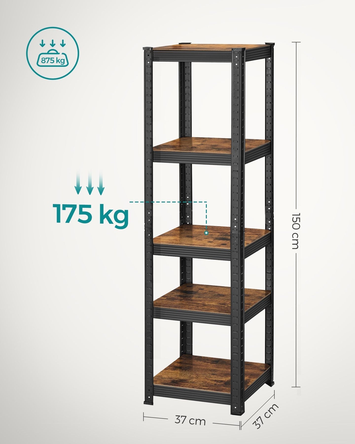 5-Tier Shelving Unit - 400 kg Load Capacity - Steel - Rustic Brown and Black
