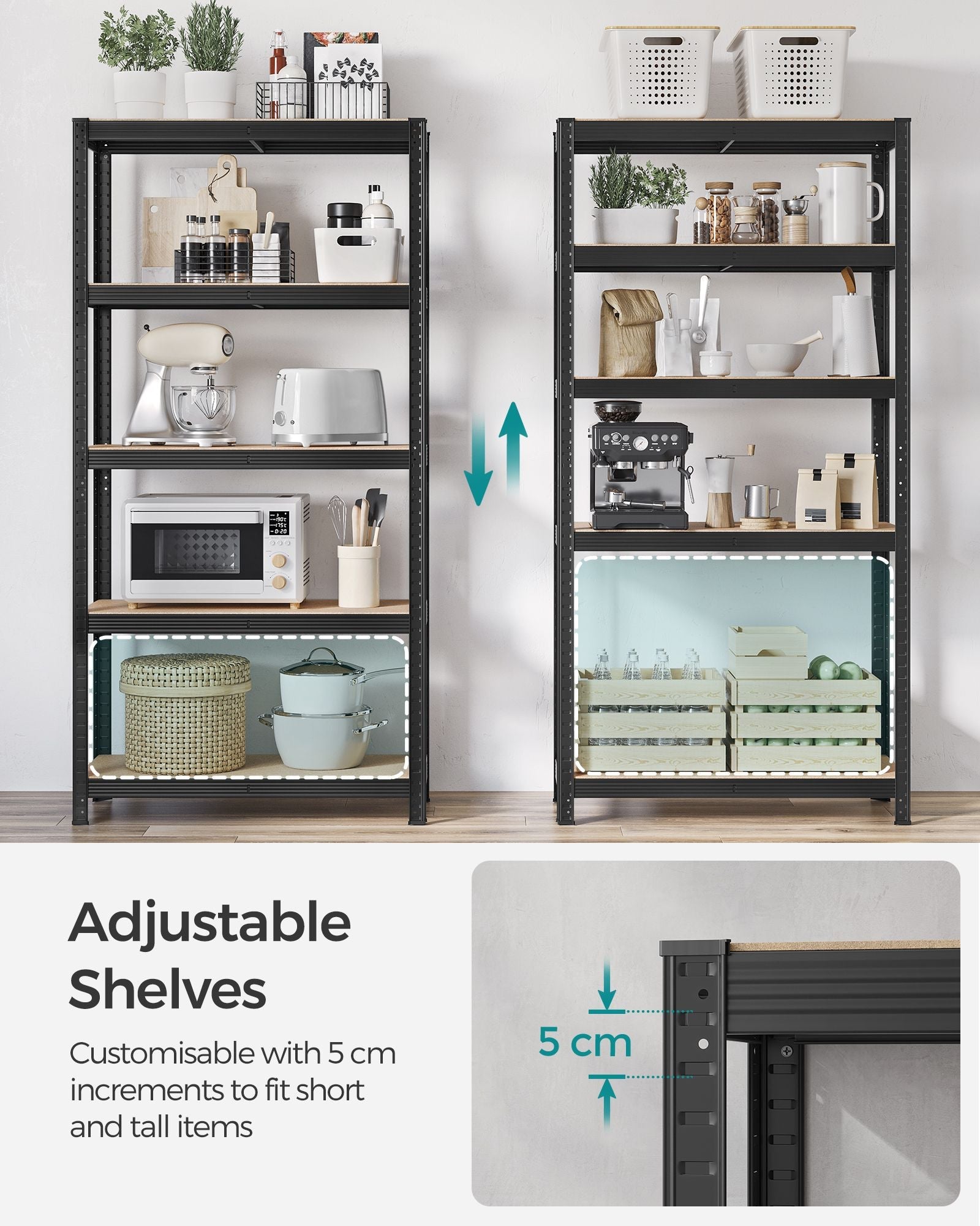 5-Tier Shelving Unit Set of 2 - Steel - Silver - Adjustable Shelves