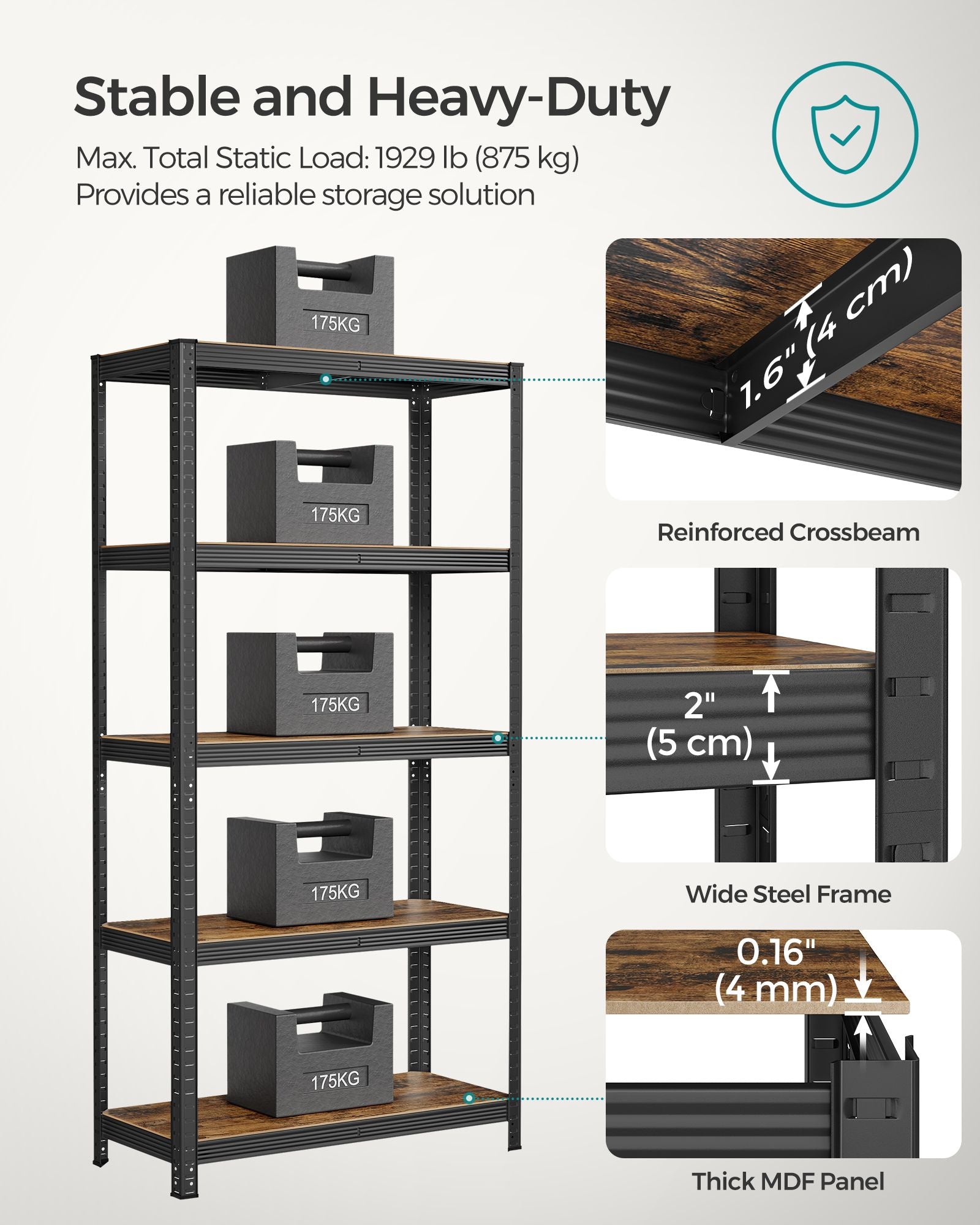 5-Tier Shelving Unit - Steel - Greige and Black - Adjustable Shelves