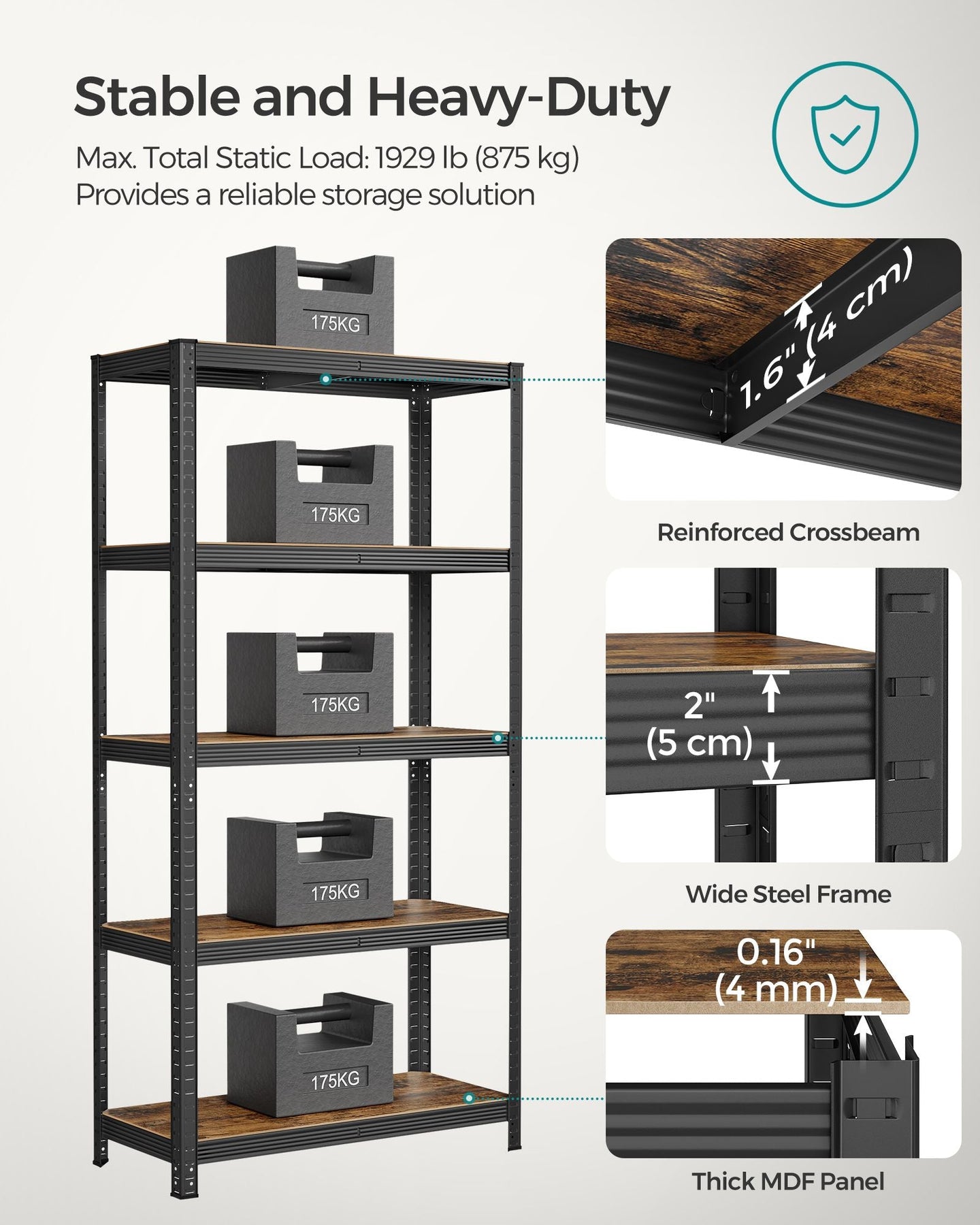 5-Tier Shelving Unit - Steel - Greige and Black - Adjustable Shelves