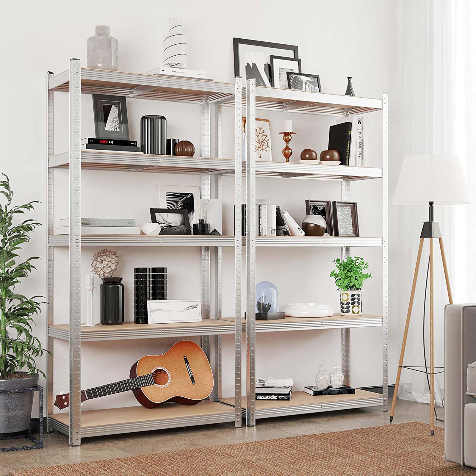 Set of 2 Garage Shelving Units - Steel - Silver - 5-Tier Adjustable Shelves