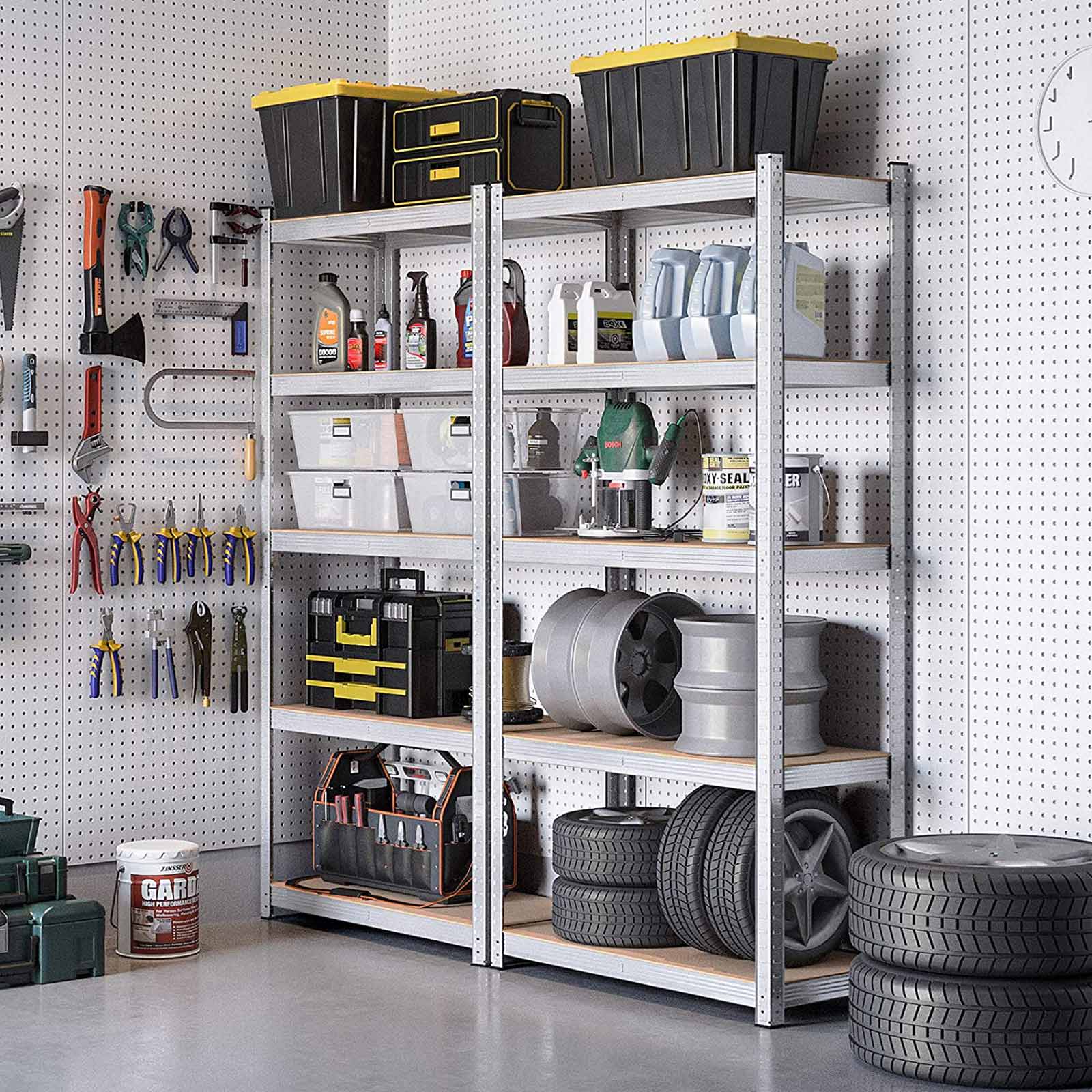 Set of 2 Garage Shelving Units - Steel - Silver - 5-Tier Adjustable Shelves