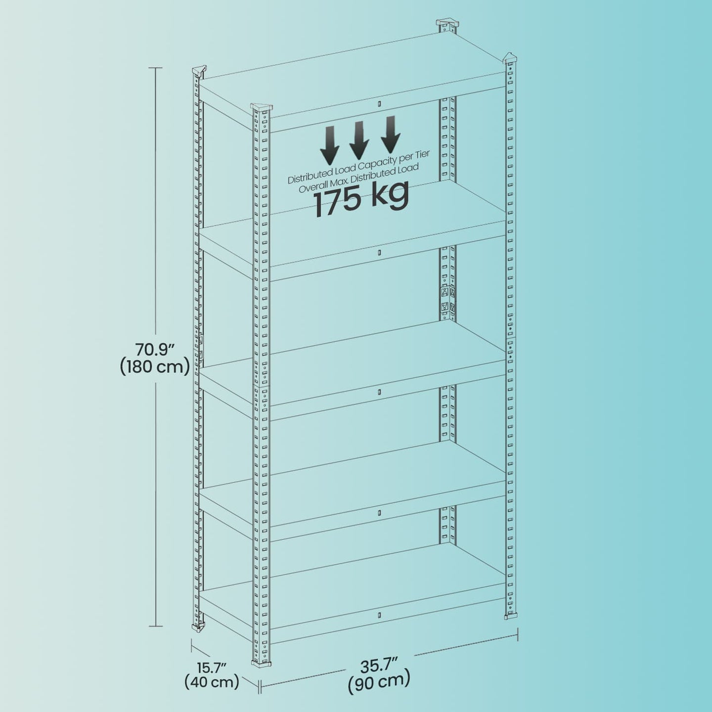 5-Tier Storage Shelves - Metal - Silver - Adjustable with Boltless Assembly