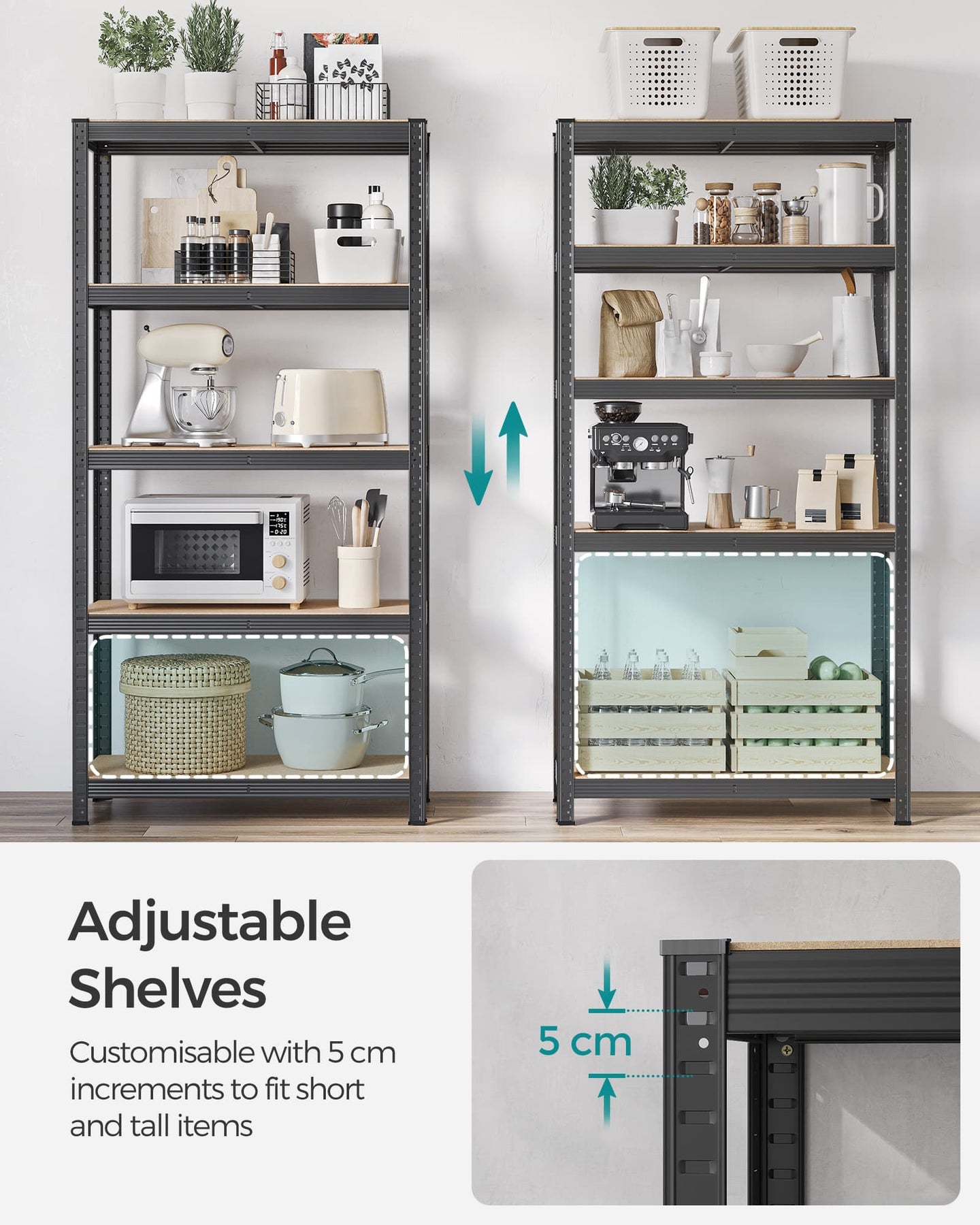 5-Tier Shelving Unit Set of 2 - Steel - Silver - Adjustable Shelves