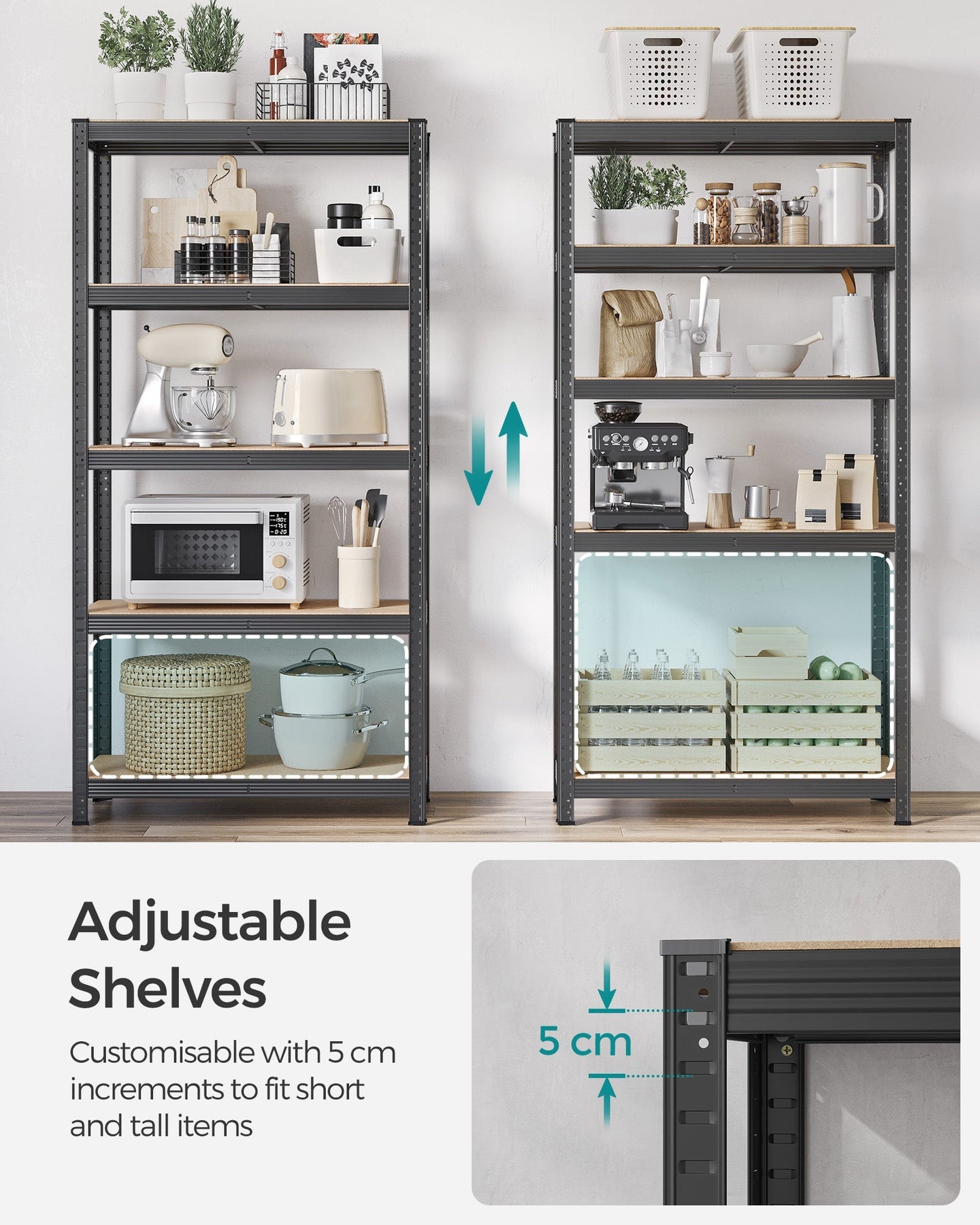 Set of 2 Shelving Units - Reinforced Steel - Dove Grey - 5-Tier Adjustable Storage Racks