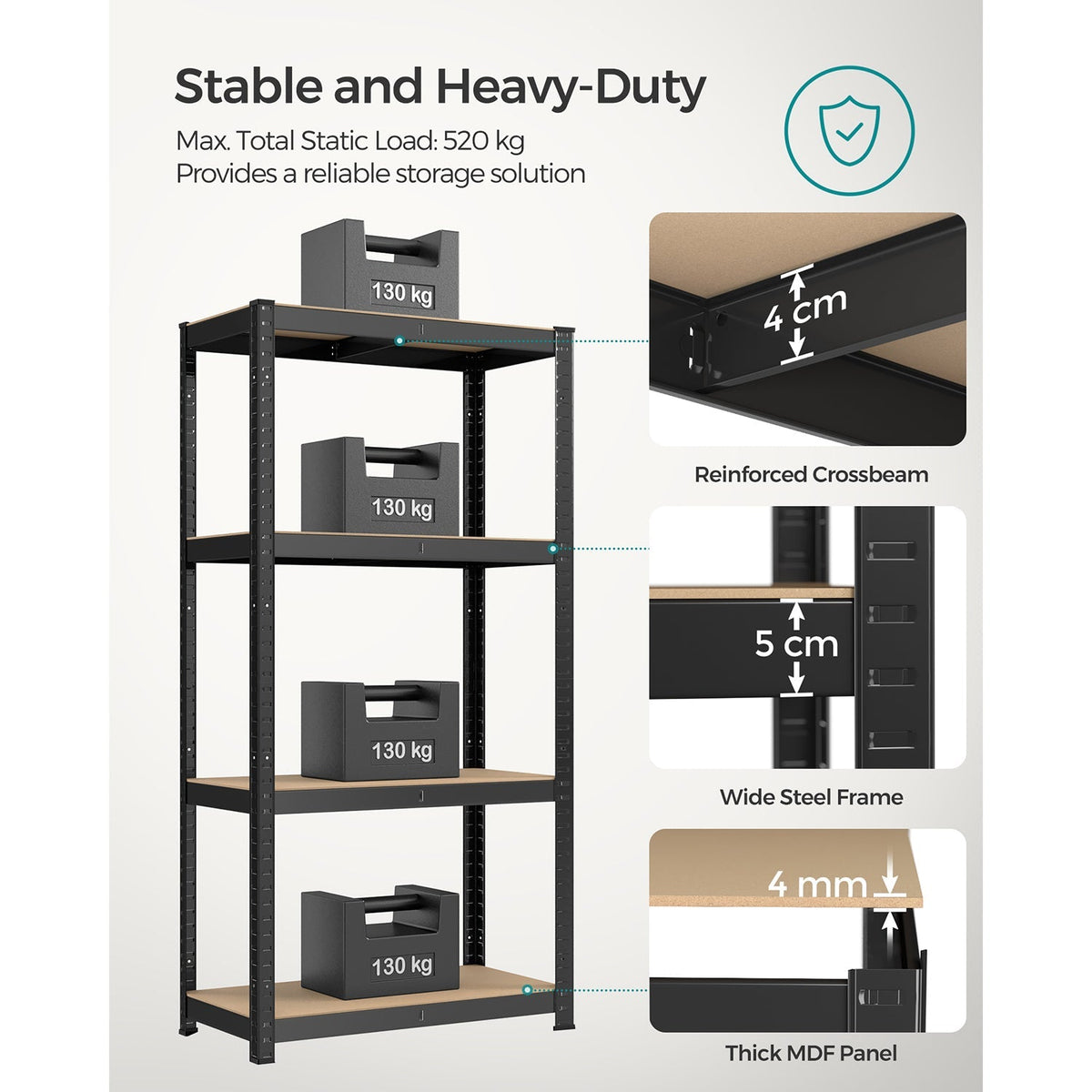 4-Tier Shelving Unit - Steel - Black - 520 kg Capacity
