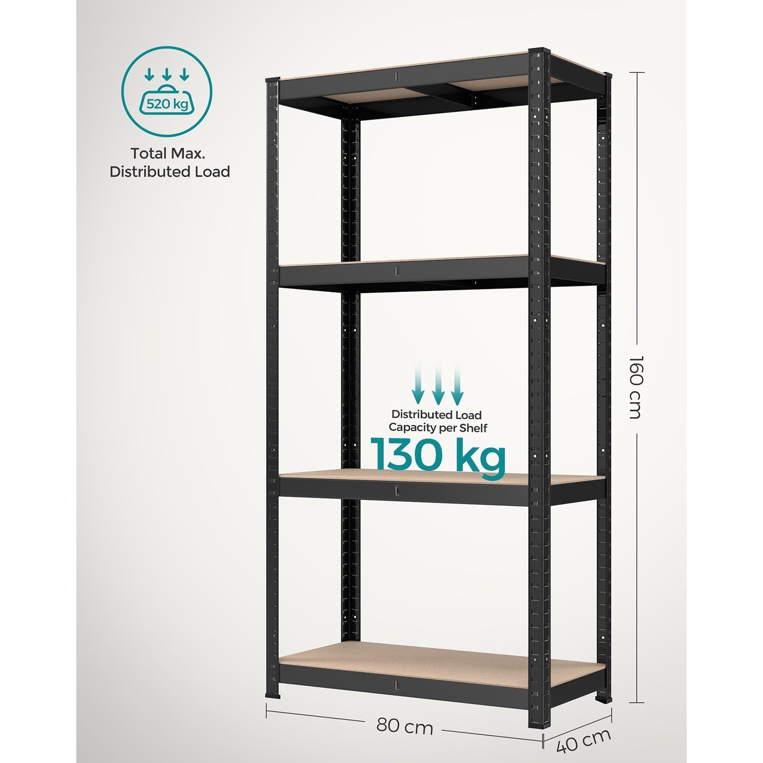 4-Tier Shelving Unit - Steel - Black - 520 kg Capacity