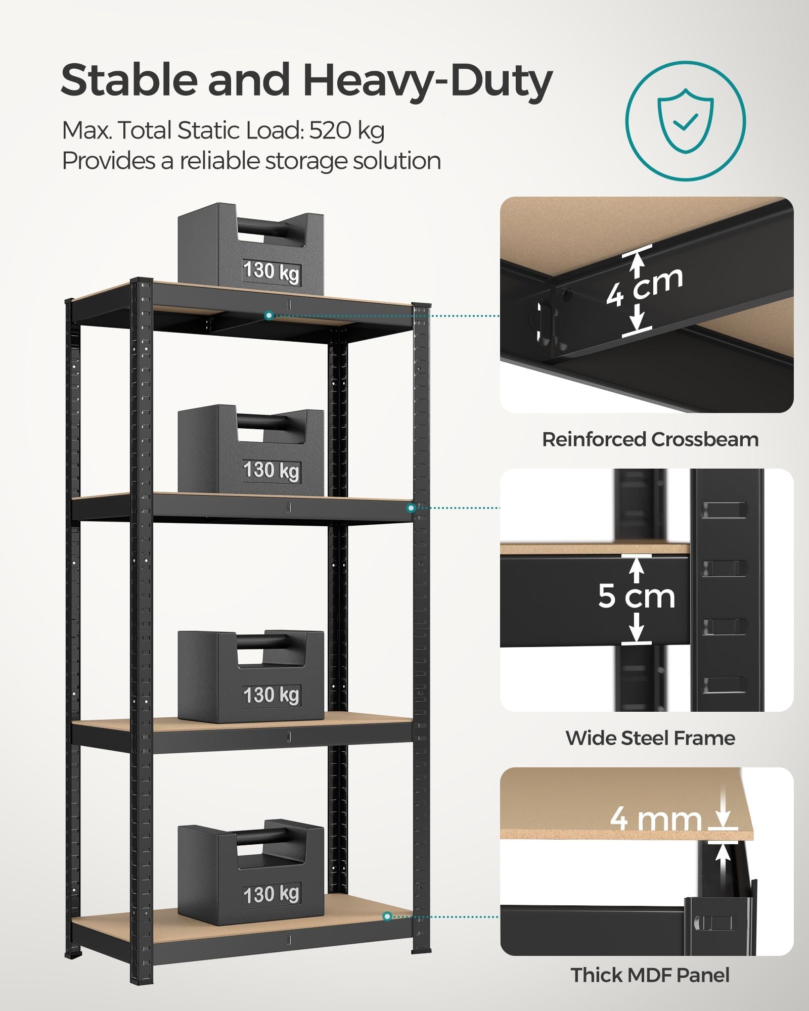 4-Tier Heavy-Duty Shelving Unit - 520 kg Capacity - Steel - Blue - Boltless Design (2 Pack)