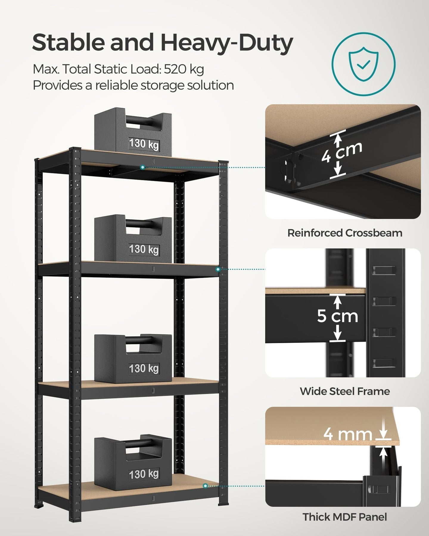4-Tier Heavy-Duty Shelving Unit - 520 kg Capacity - Steel - Blue - Boltless Design (2 Pack)