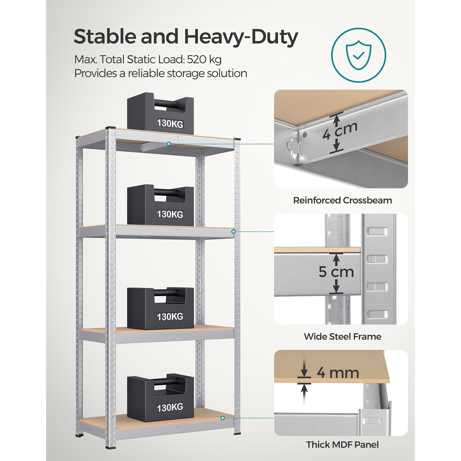 4-Tier Shelving Unit - 520 kg Capacity - Boltless Steel - Silver