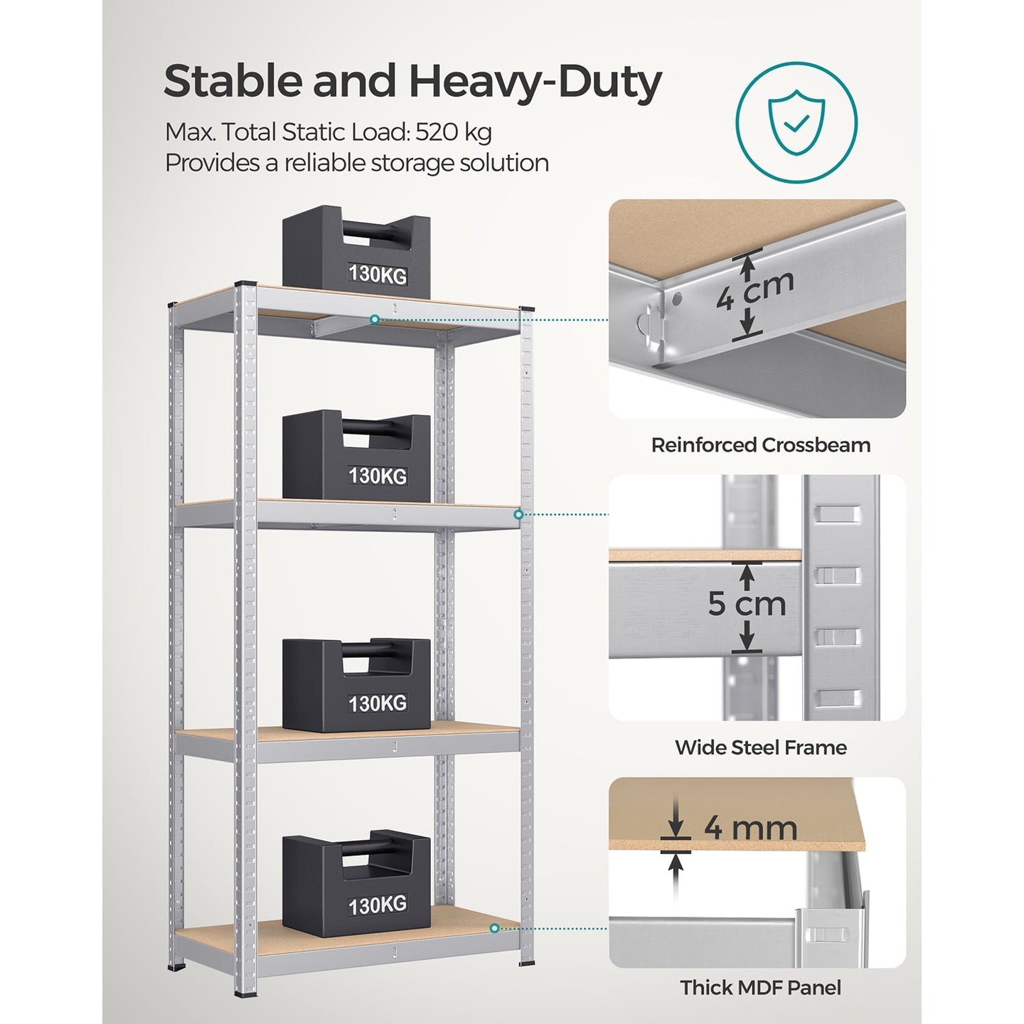 4-Tier Shelving Unit - 520 kg Capacity - Boltless Steel - Silver