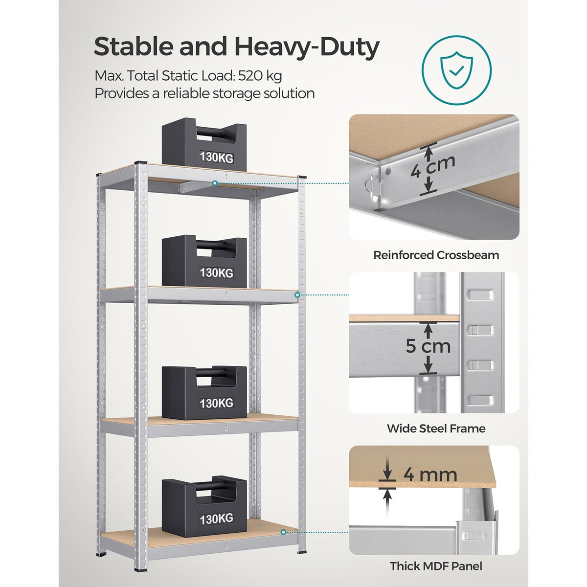 4-Tier Shelving Unit - 520 kg Capacity - Boltless Steel - Silver