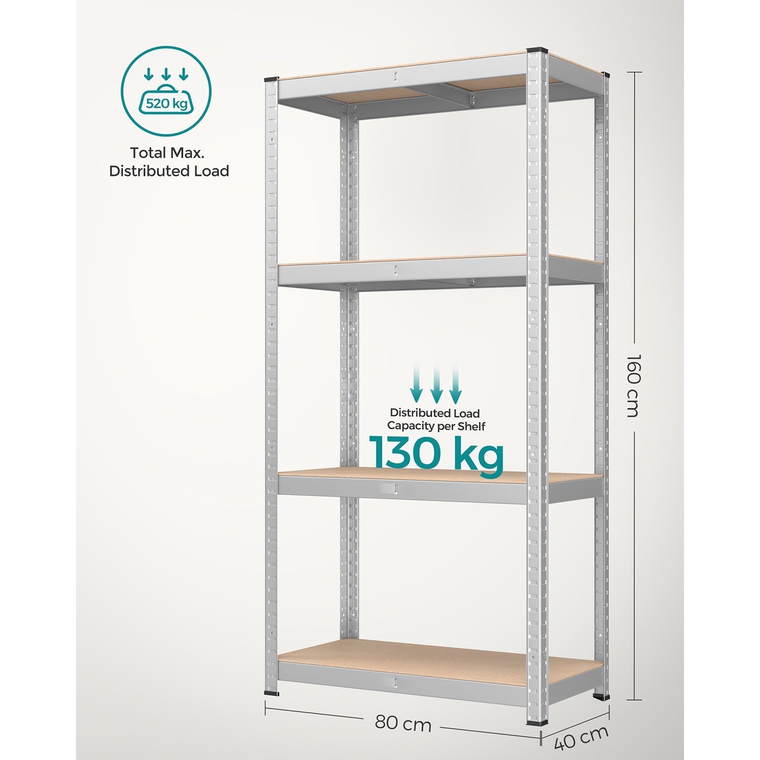 4-Tier Shelving Unit - 520 kg Capacity - Boltless Steel - Silver