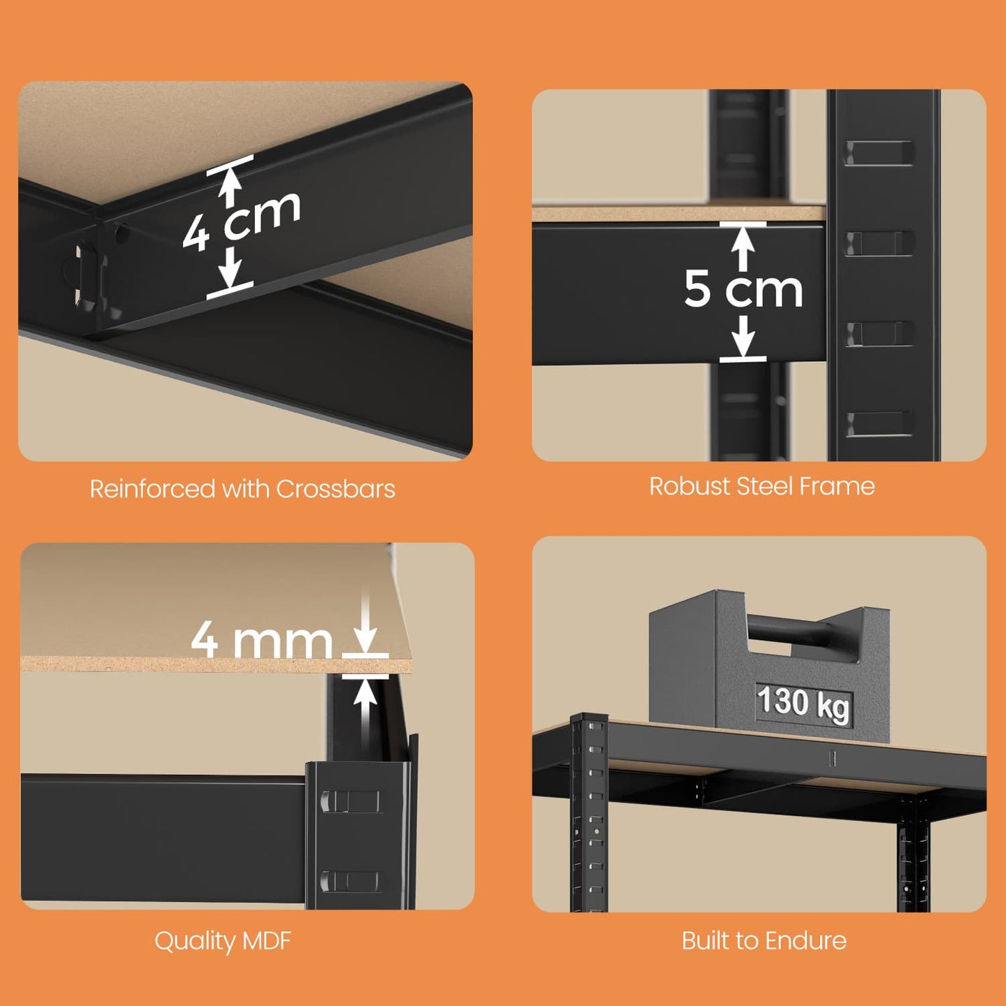 4-Tier Steel Shelving Unit - Rustic Brown and Black - High Load Capacity 520 kg for Garage and Shed