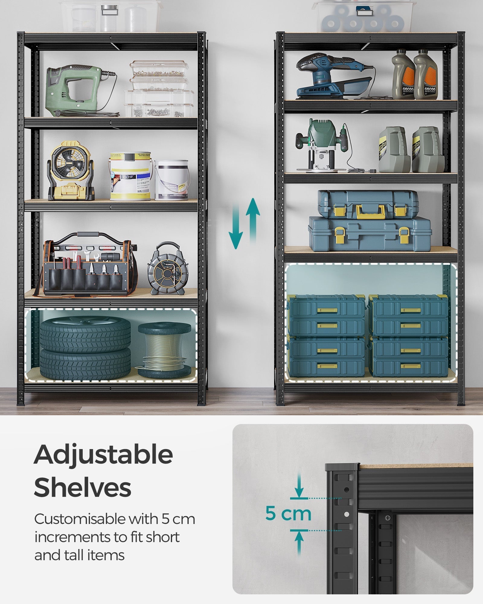 Heavy-Duty Shelving Units - Steel - Silver - Set of 2 with Adjustable Shelves and Max Load 875 kg