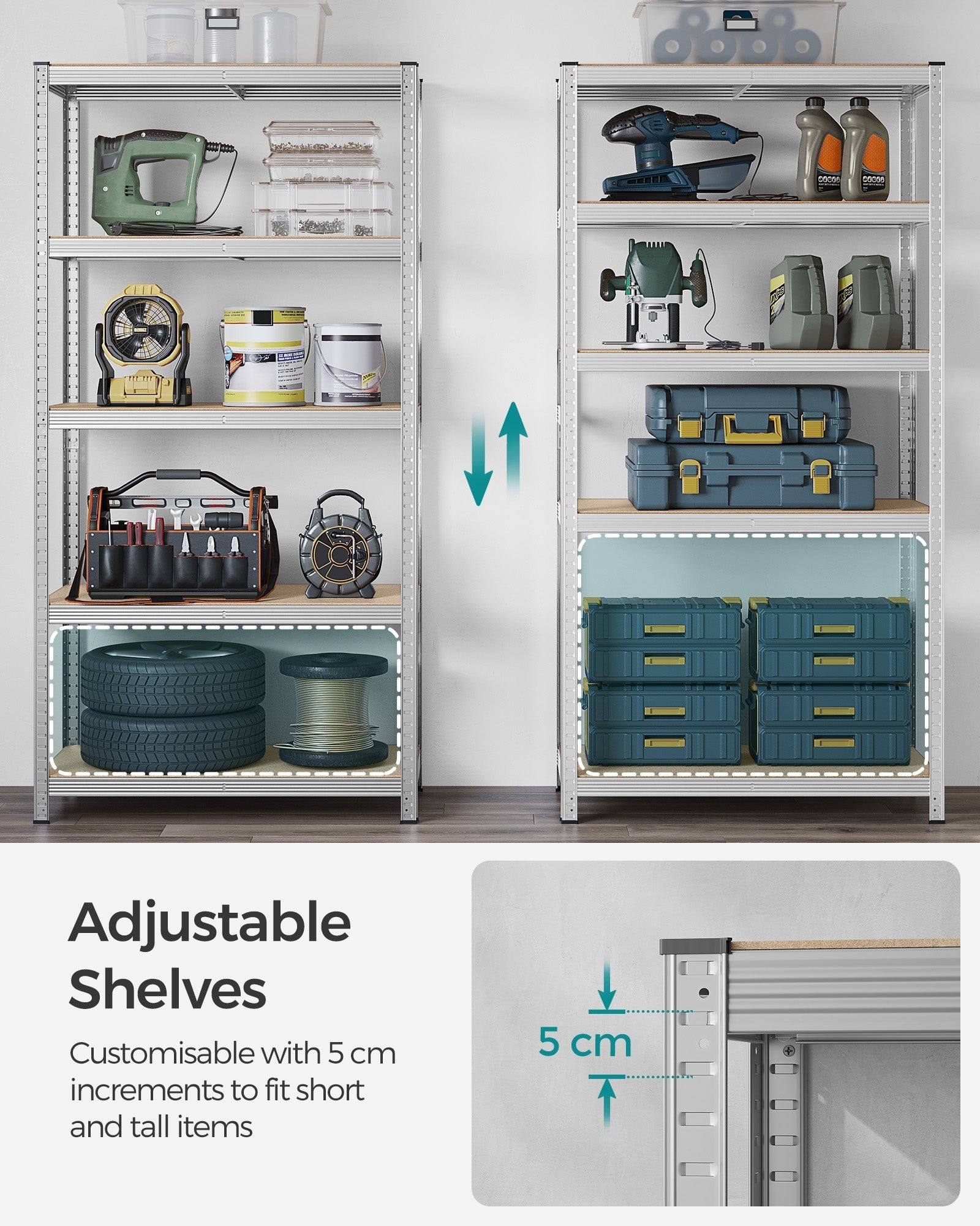 Set of 2 Heavy Duty Shelving Units - Steel - Silver - 5-Tier Adjustable Storage Racks with Max. Load 875 kg