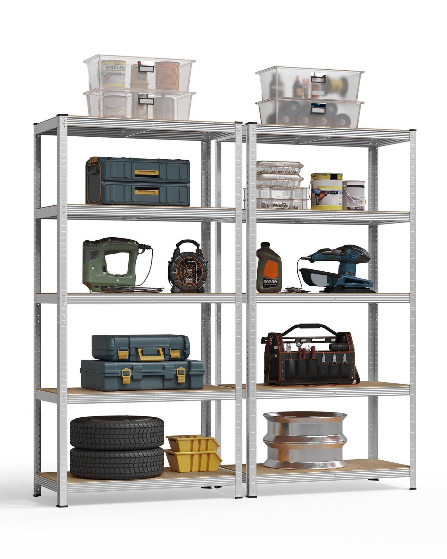 Set of 2 Heavy Duty Shelving Units - Steel - Silver - 5-Tier Adjustable Storage Racks with Max. Load 875 kg