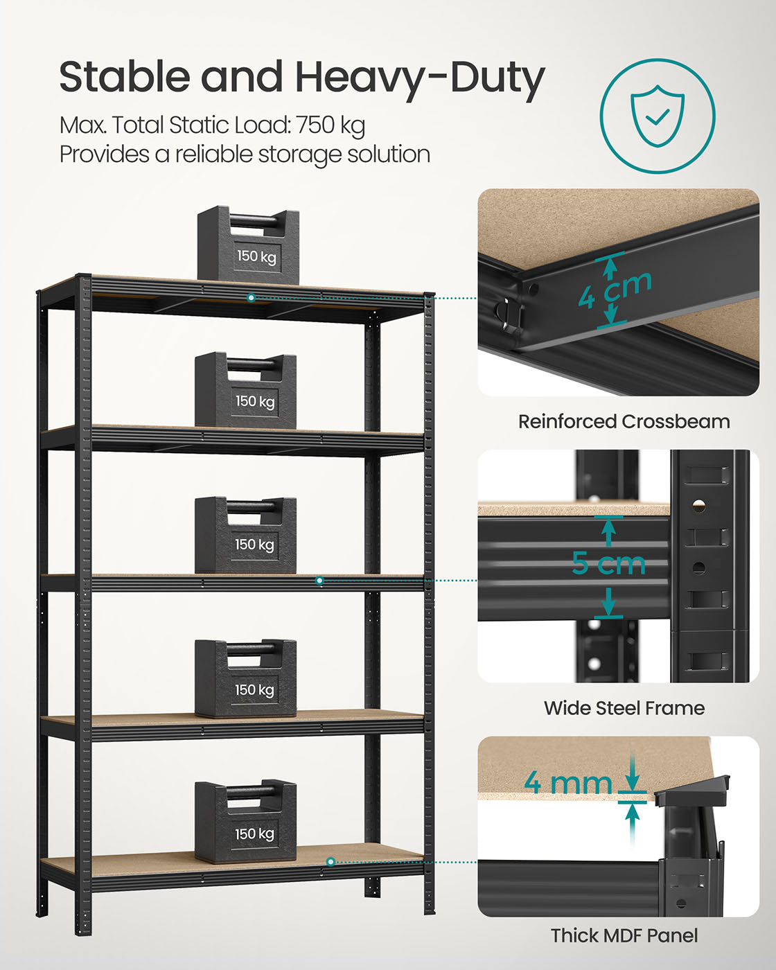 5-Tier Shelving Unit Set of 2 - Metal - Silver - 650 kg Load Capacity