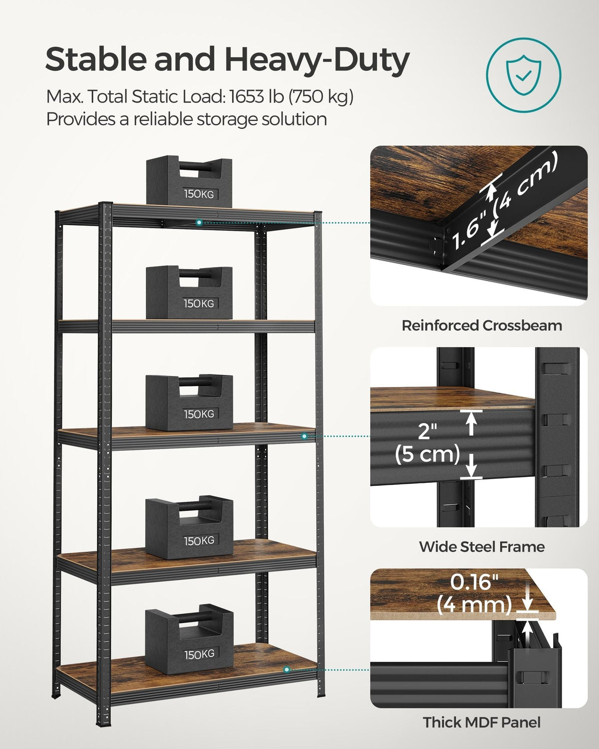 5-Tier Shelving Unit - Reinforced Steel - Black and Rustic Brown - Adjustable Shelves