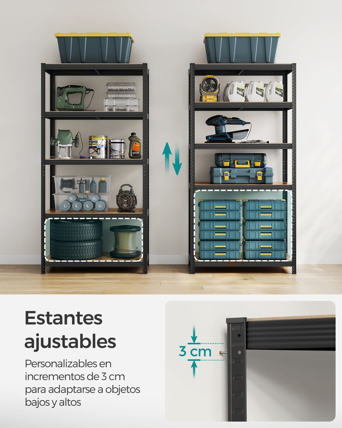 5-Tier Shelving Unit - Reinforced Steel - Black and Rustic Brown - Adjustable Shelves