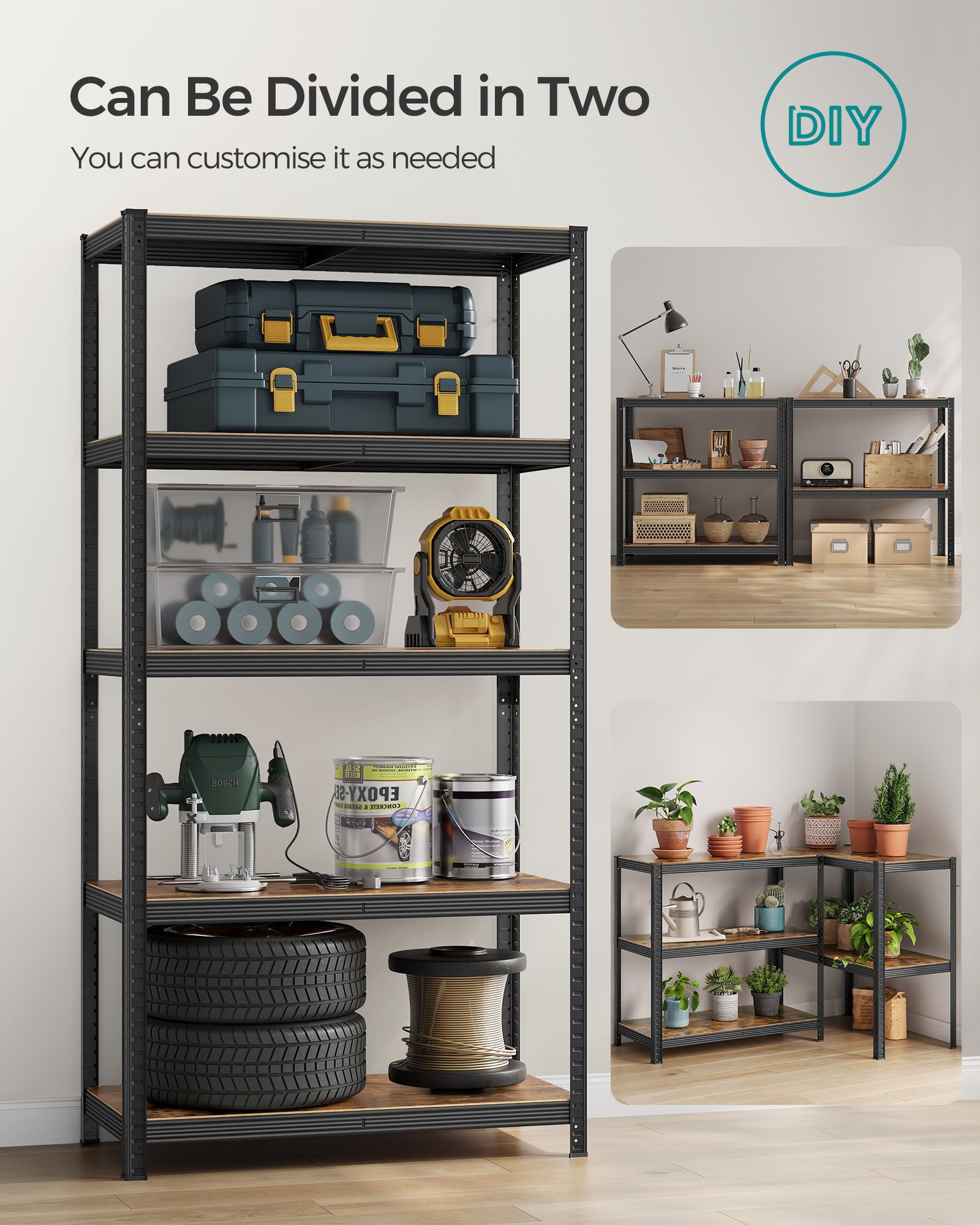 5-Tier Shelving Unit - Reinforced Steel - Black and Rustic Brown - Adjustable Shelves