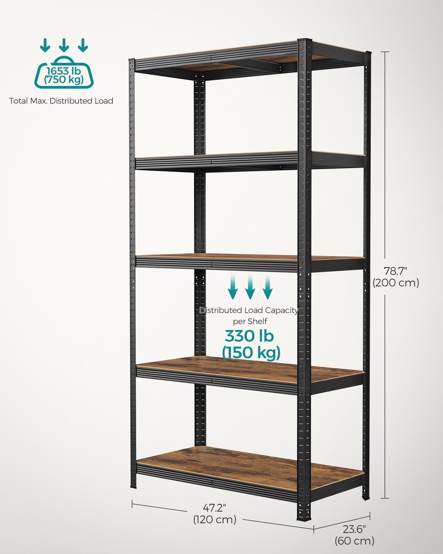 5-Tier Shelving Unit - Reinforced Steel - Black and Rustic Brown - Adjustable Shelves