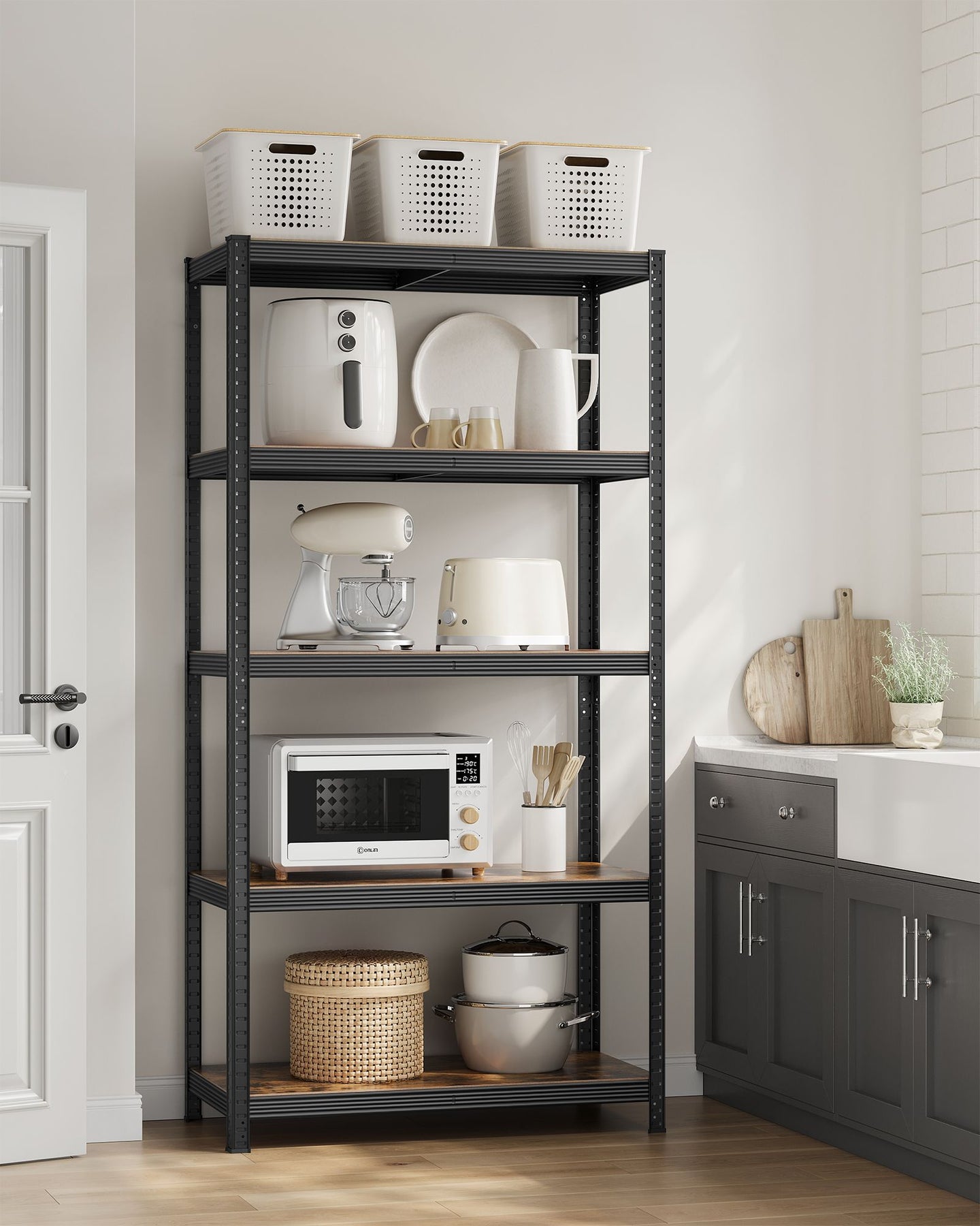 5-Tier Shelving Unit - Reinforced Steel - Black and Rustic Brown - Adjustable Shelves