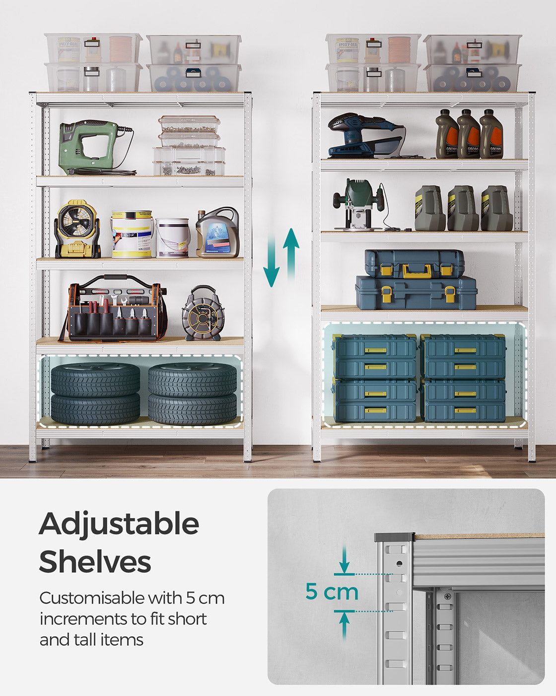 5-Tier Steel Shelving Unit - Reinforced Steel - Silver - Adjustable Shelves