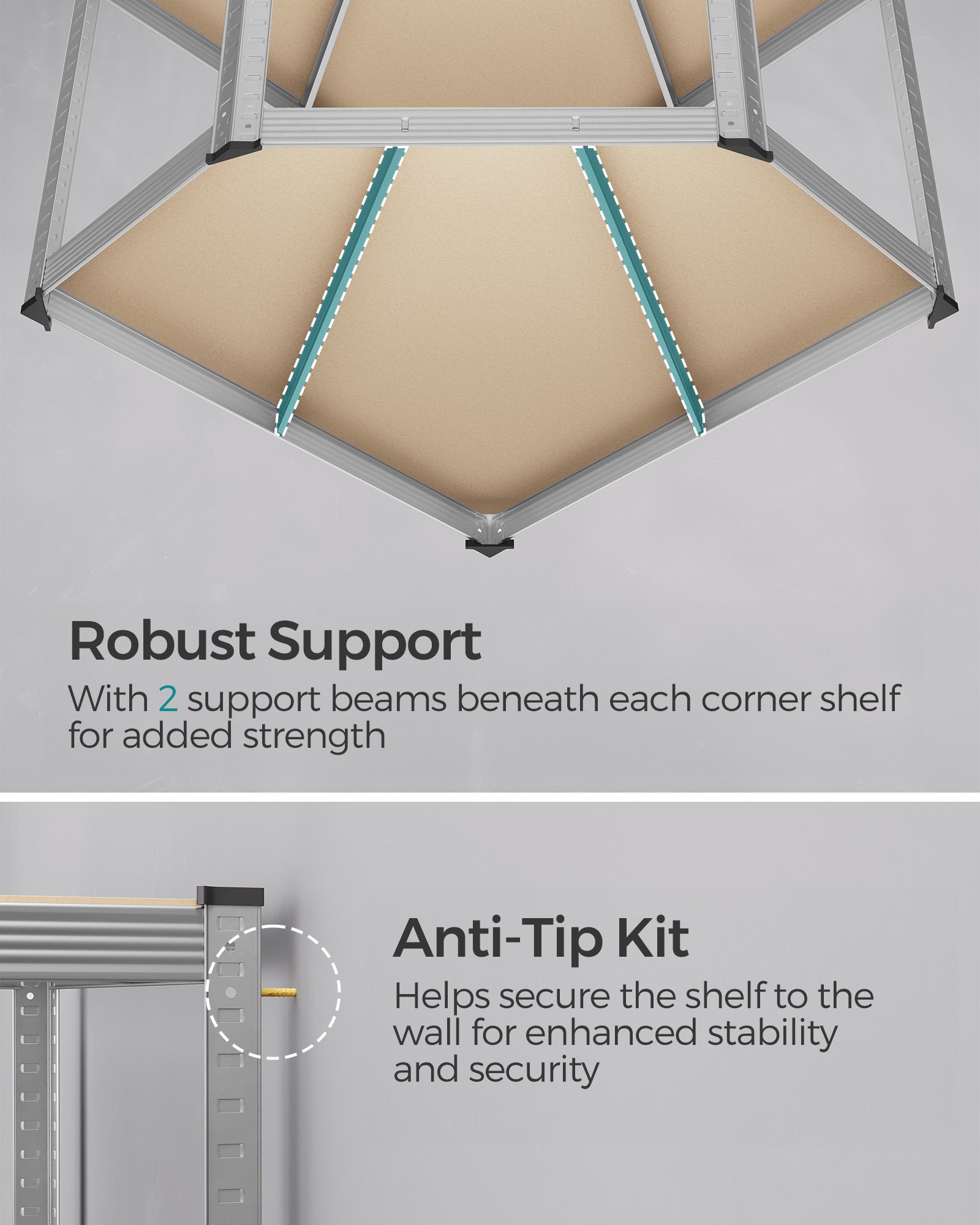 5-Tier Corner Shelf - Metal - Silver and Natural Beige