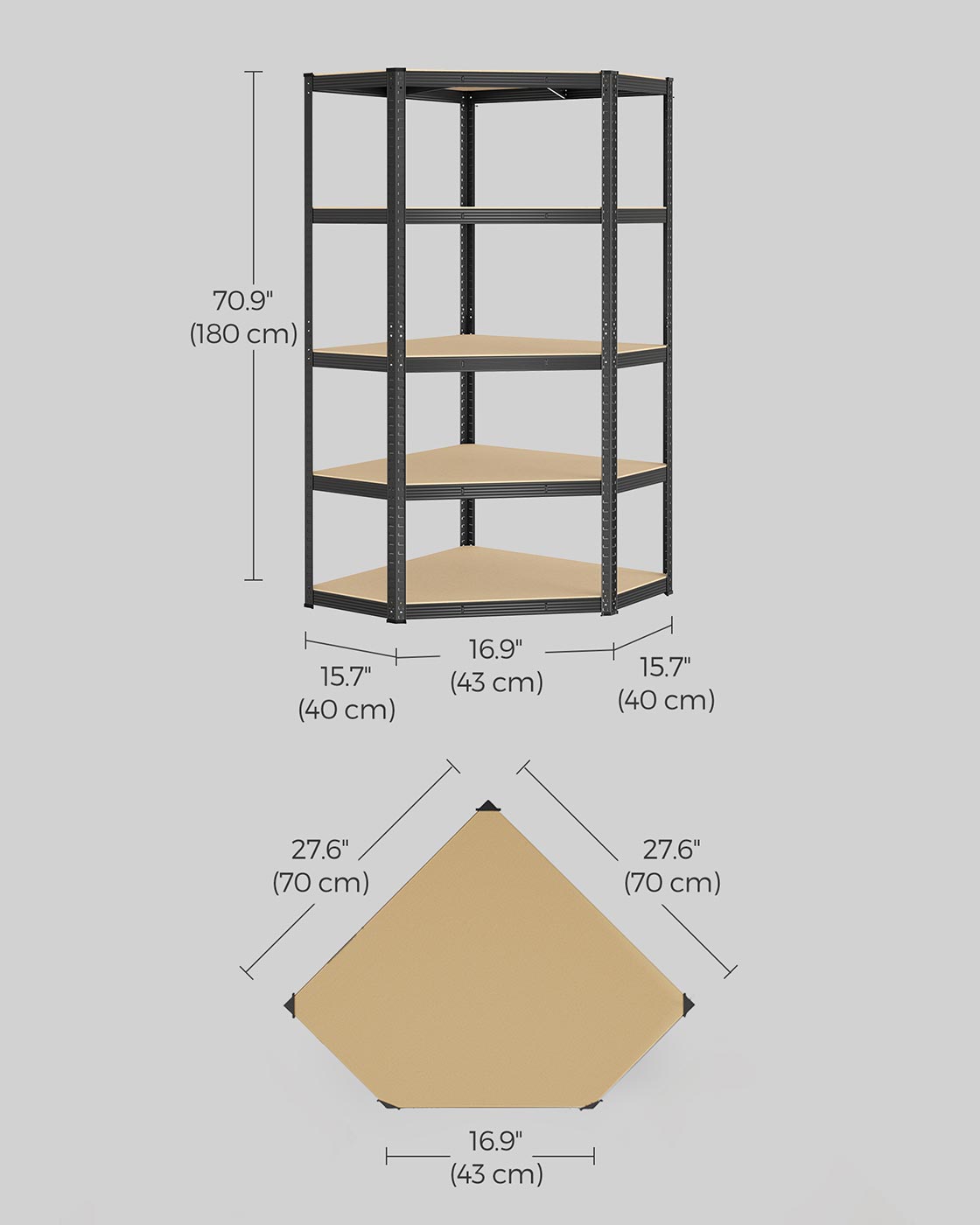 5-Tier Corner Shelf - 875 kg Load Capacity - Heavy Duty Metal - Ink Black