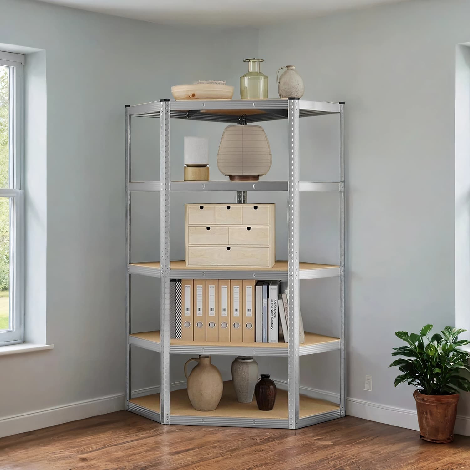 5-Tier Corner Shelf - 875 kg Load Capacity - Heavy Duty Metal - Silver and Natural Beige