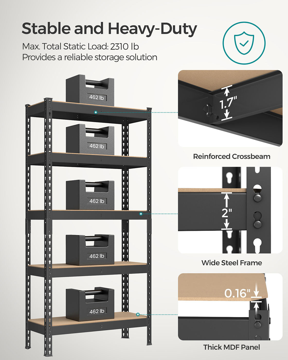 5-Tier Shelving Unit - Metal - Black - Adjustable Boltless Assembly