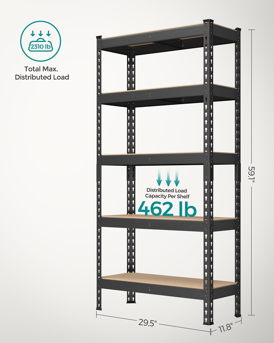 5-Tier Shelving Unit - Metal - Black - Adjustable Boltless Assembly