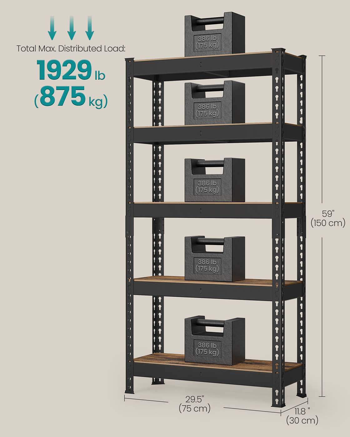 5-Tier Shelving Unit - Metal - Rustic Brown - Boltless Assembly