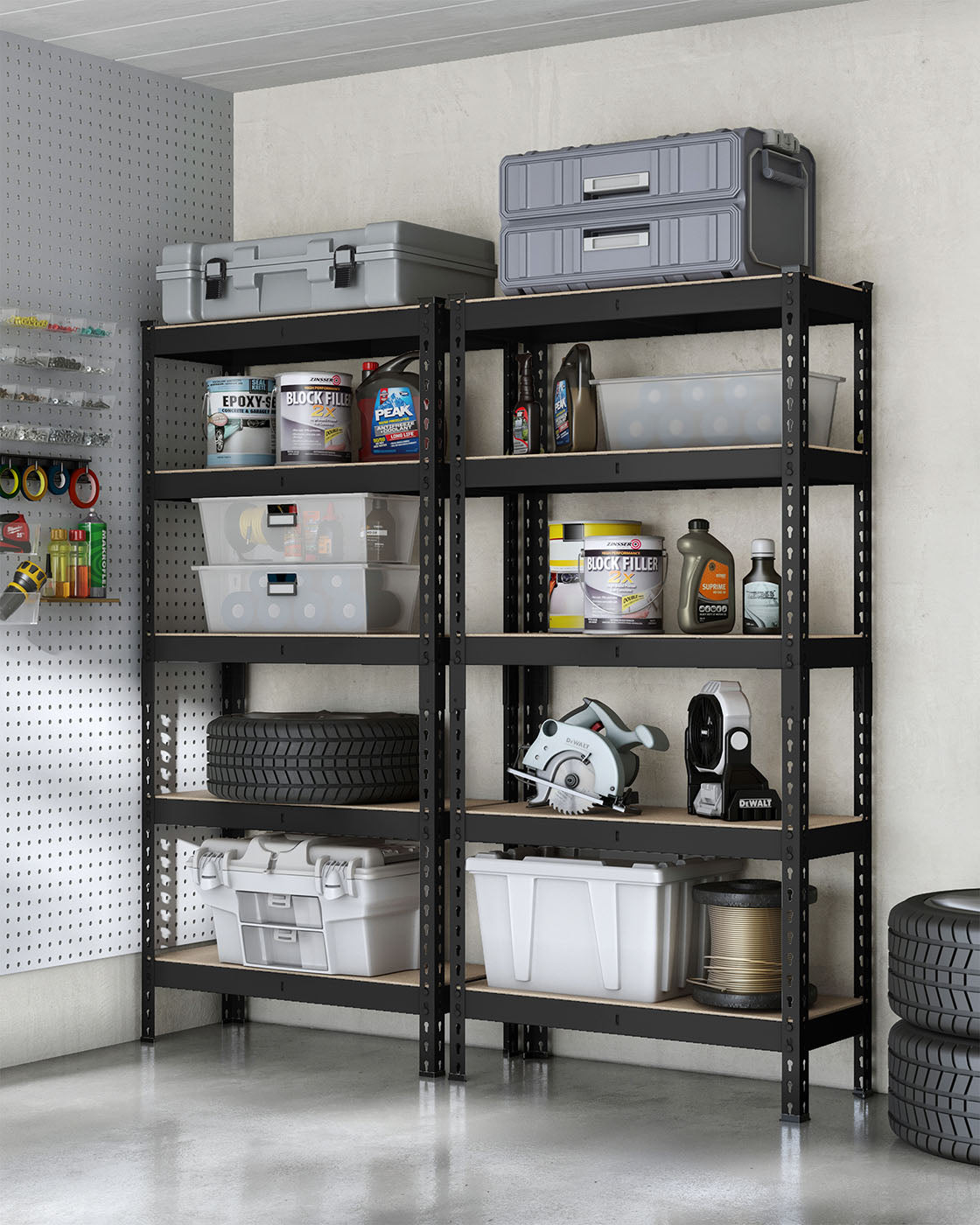 Set of 2 5-Tier Storage Shelves - Steel - Black - Adjustable
