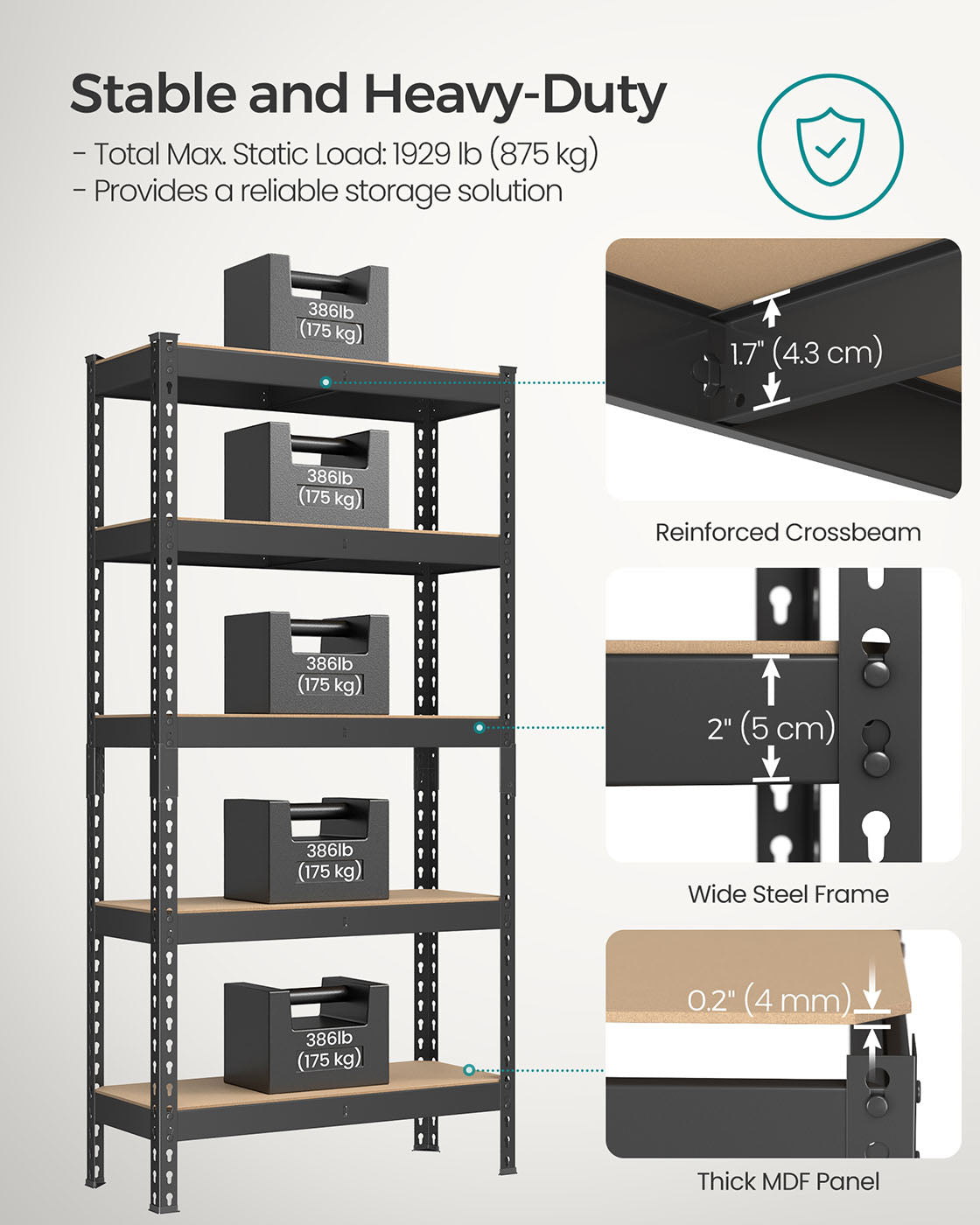 Set of 2 5-Tier Storage Shelves - Steel - Black - Adjustable