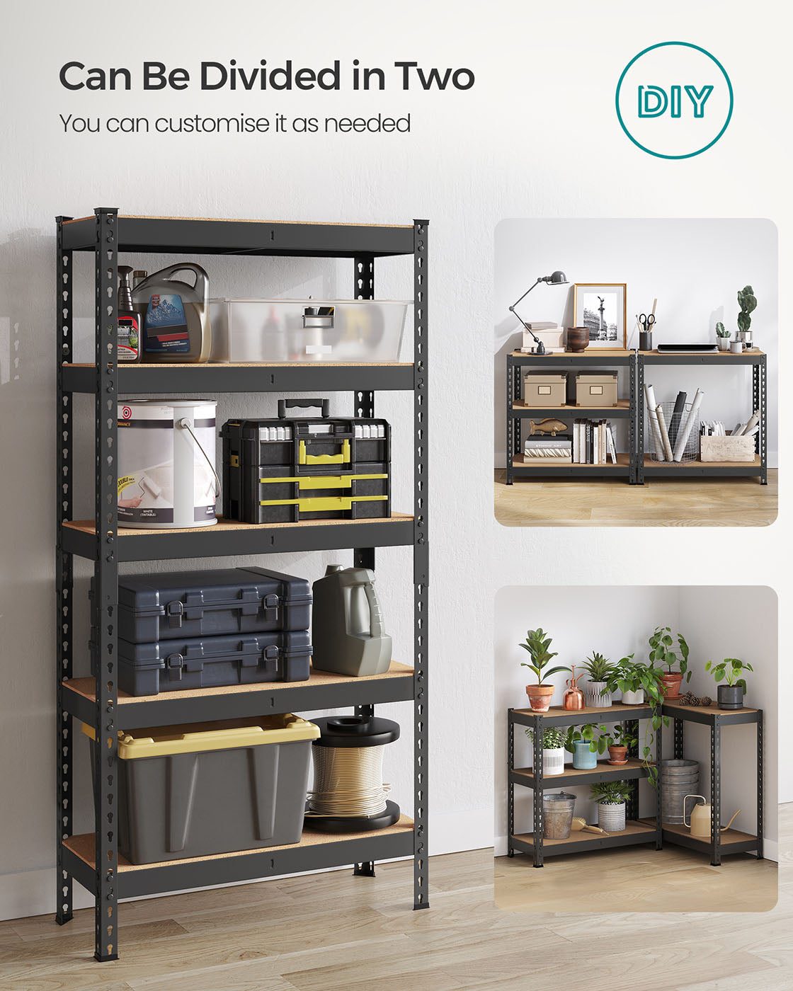 Set of 2 5-Tier Storage Shelves - Steel - Black - Adjustable