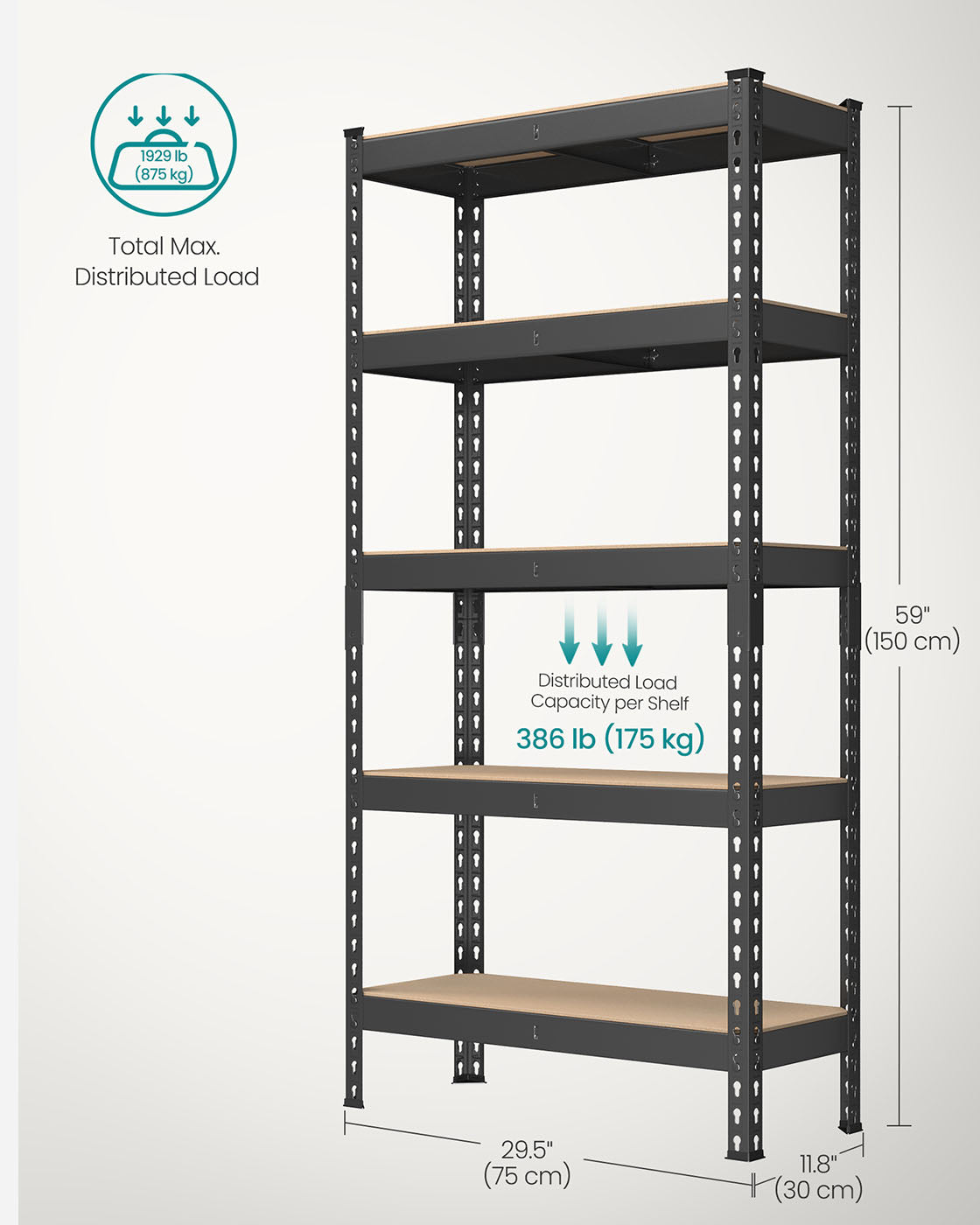 Set of 2 5-Tier Storage Shelves - Steel - Black - Adjustable