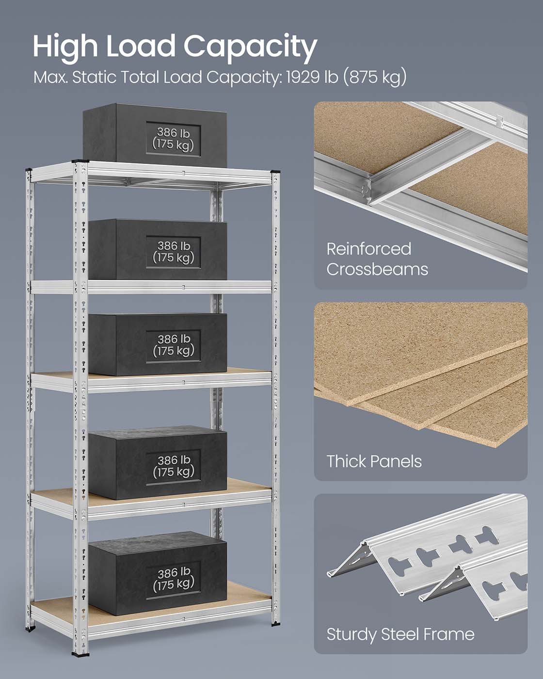 Heavy Duty Metal Storage Shelf - Steel - Silver - Adjustable Shelves