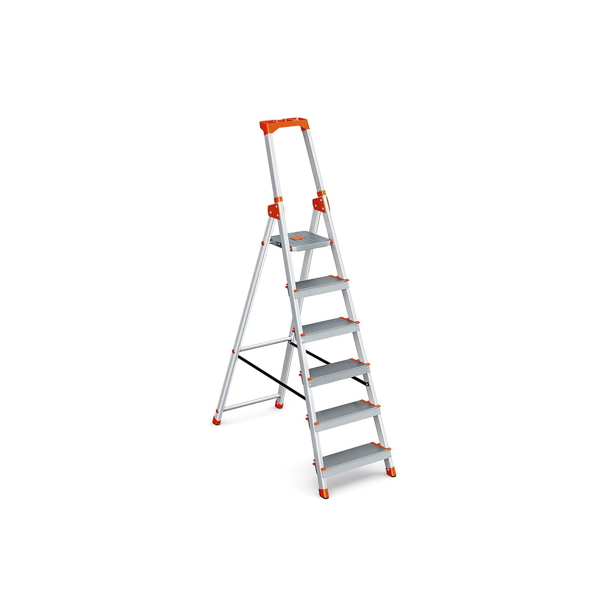 6-Step Aluminium Ladder - Silver and Orange - 12 cm Wide Steps with Tool Tray and Anti-Slip Feet