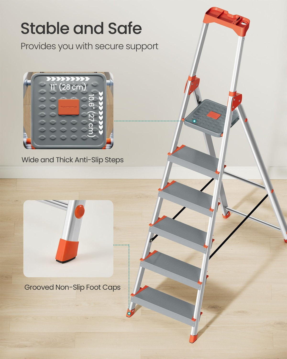 6-Step Aluminium Ladder - Silver and Orange - 12 cm Wide Steps with Tool Tray and Anti-Slip Feet