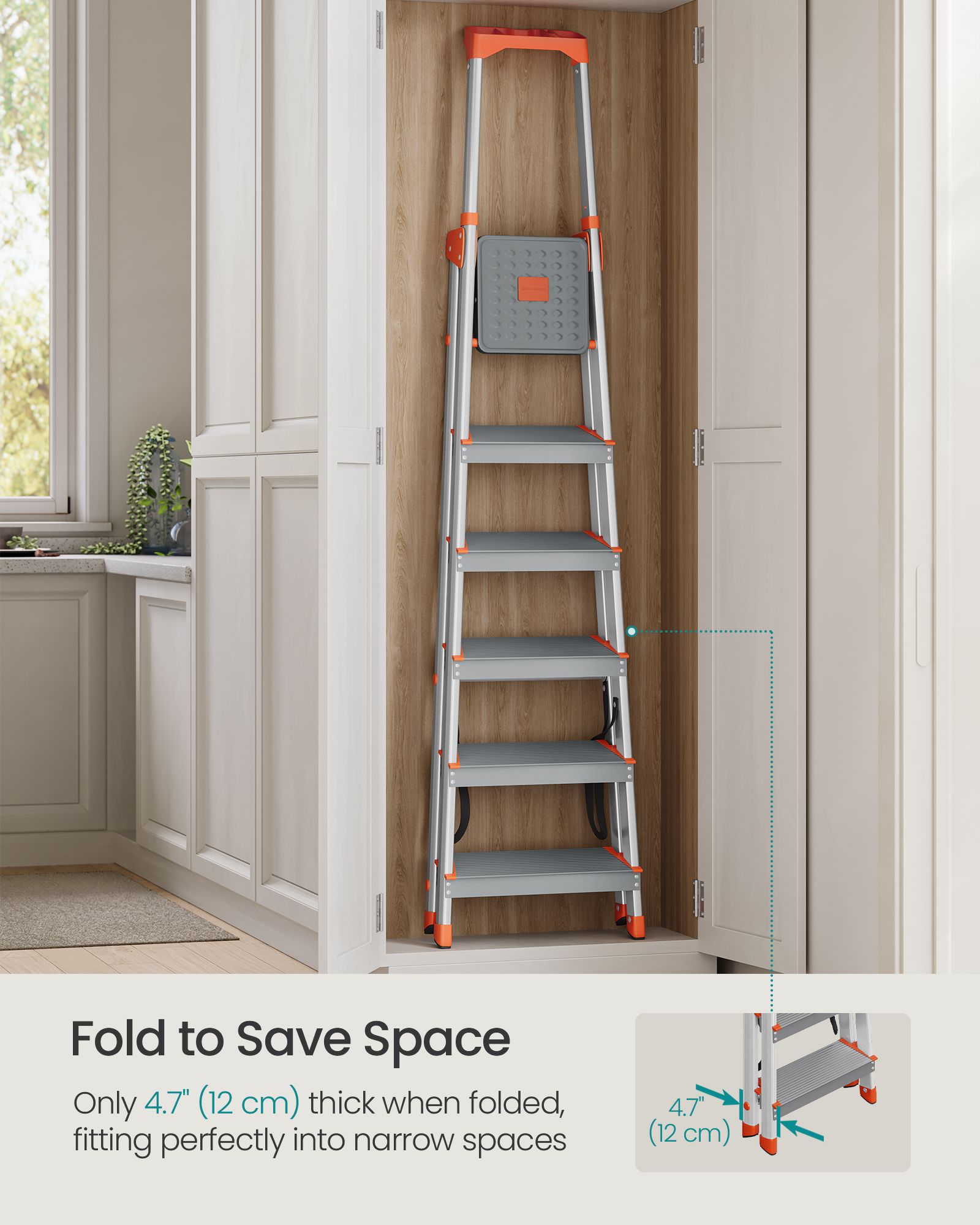 6-Step Aluminium Ladder - Silver and Orange - 12 cm Wide Steps with Tool Tray and Anti-Slip Feet