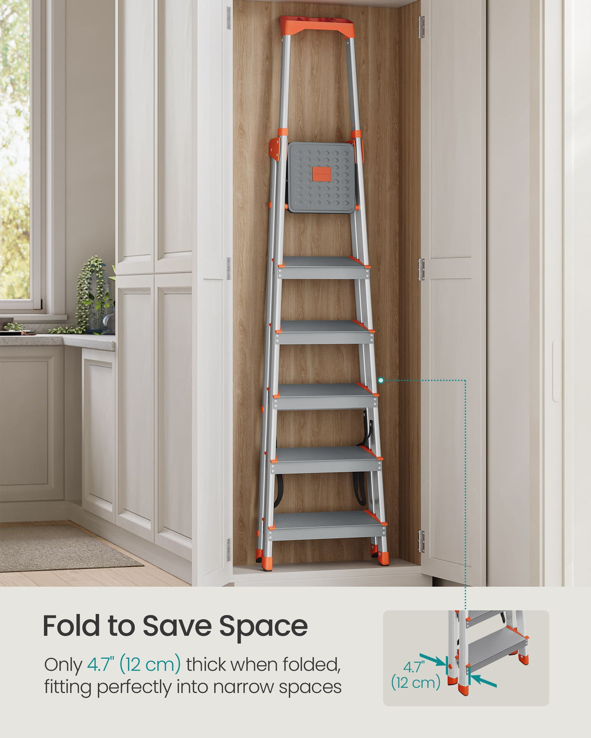 6-Step Aluminium Ladder - Silver and Orange - 12 cm Wide Steps with Tool Tray and Anti-Slip Feet