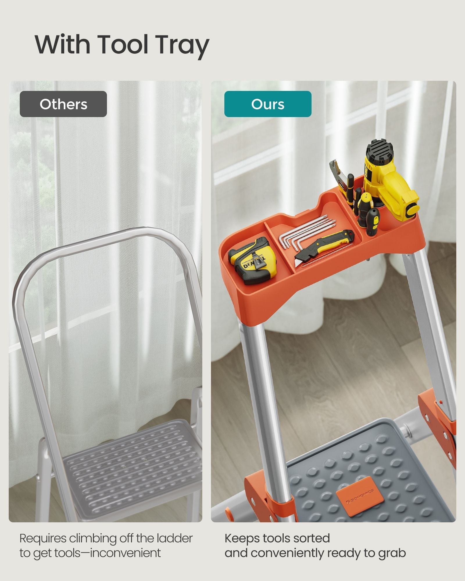 6-Step Aluminium Ladder - Silver and Orange - 12 cm Wide Steps with Tool Tray and Anti-Slip Feet