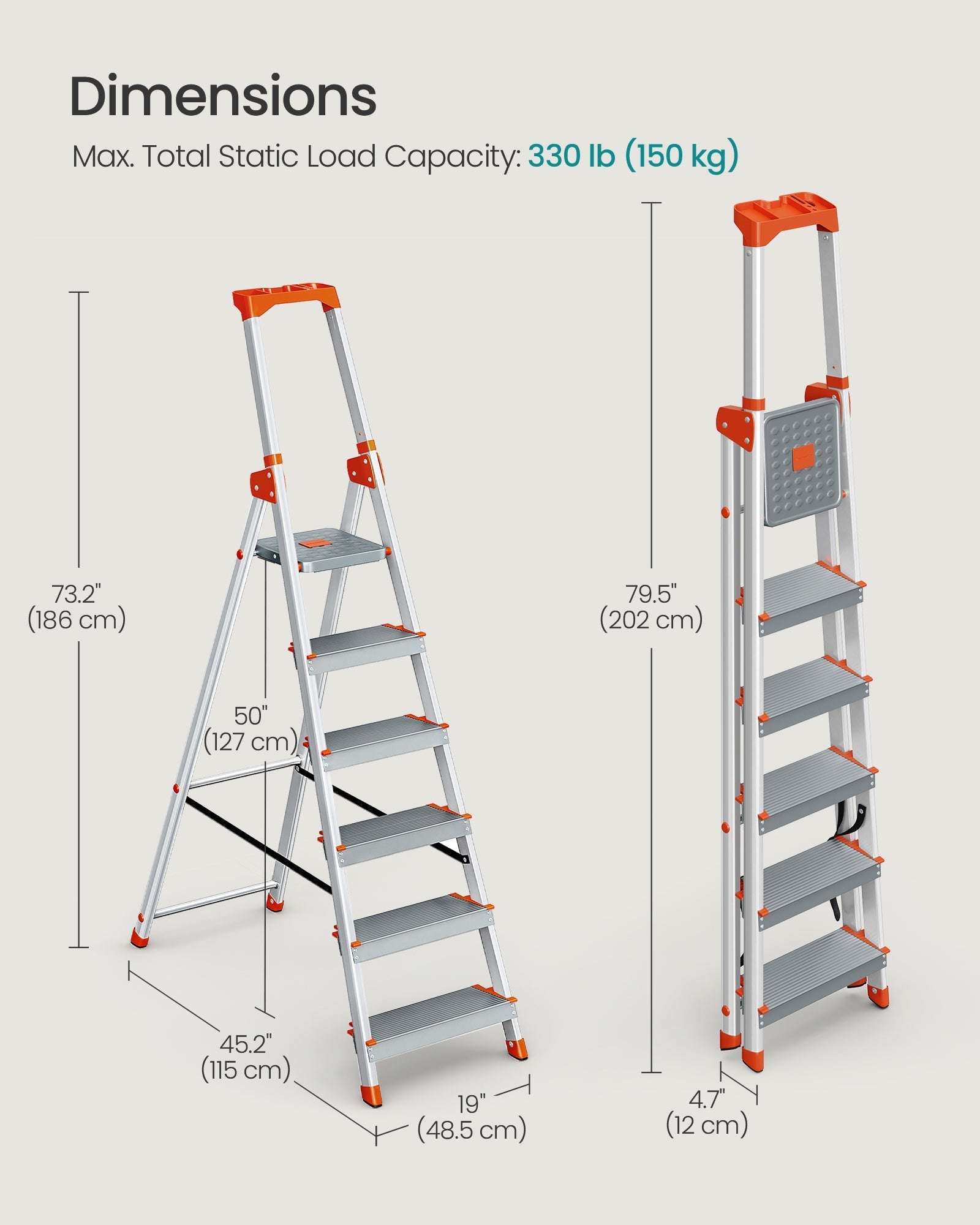 6-Step Aluminium Ladder - Silver and Orange - 12 cm Wide Steps with Tool Tray and Anti-Slip Feet