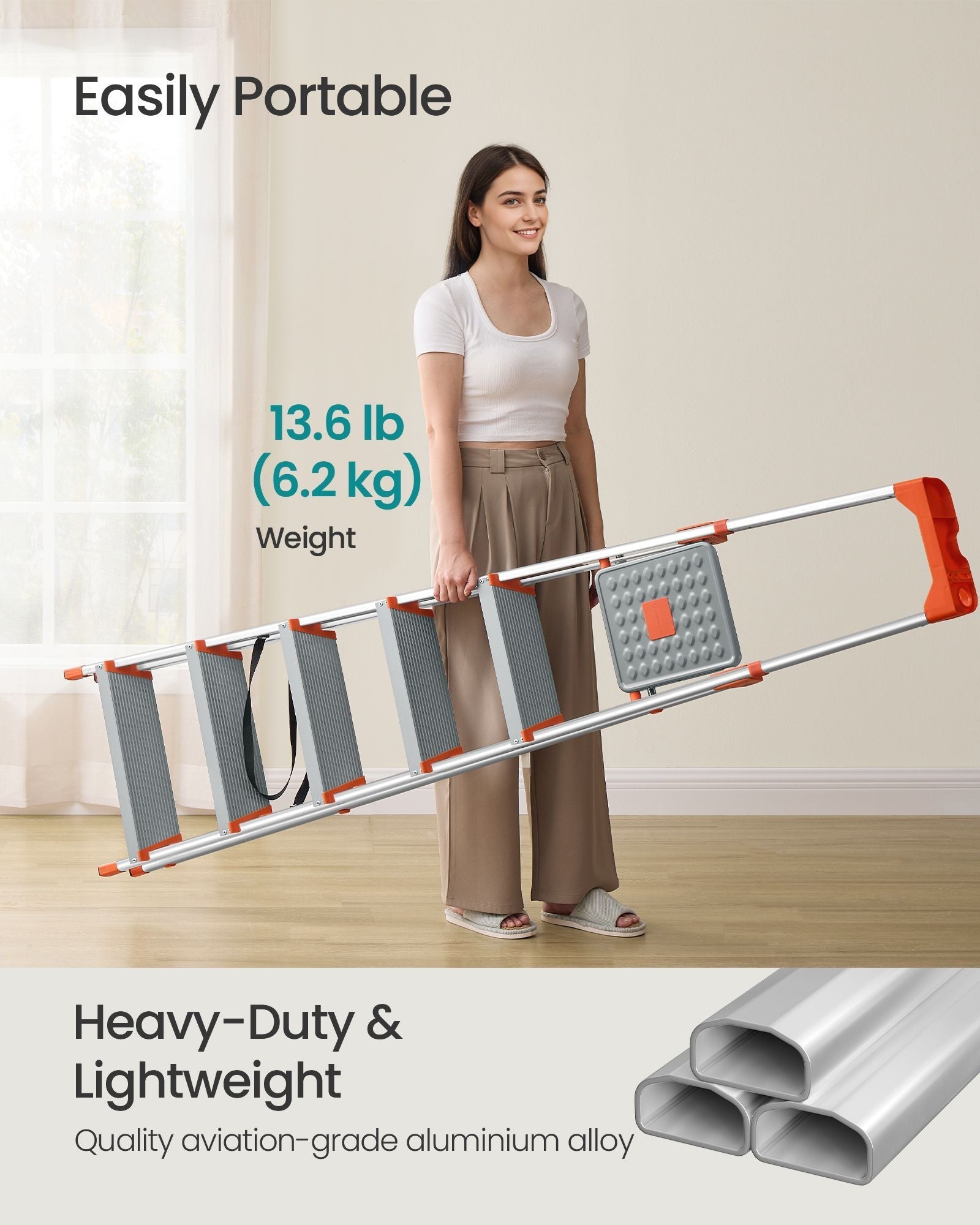 6-Step Aluminium Ladder - Silver and Orange - 12 cm Wide Steps with Tool Tray and Anti-Slip Feet