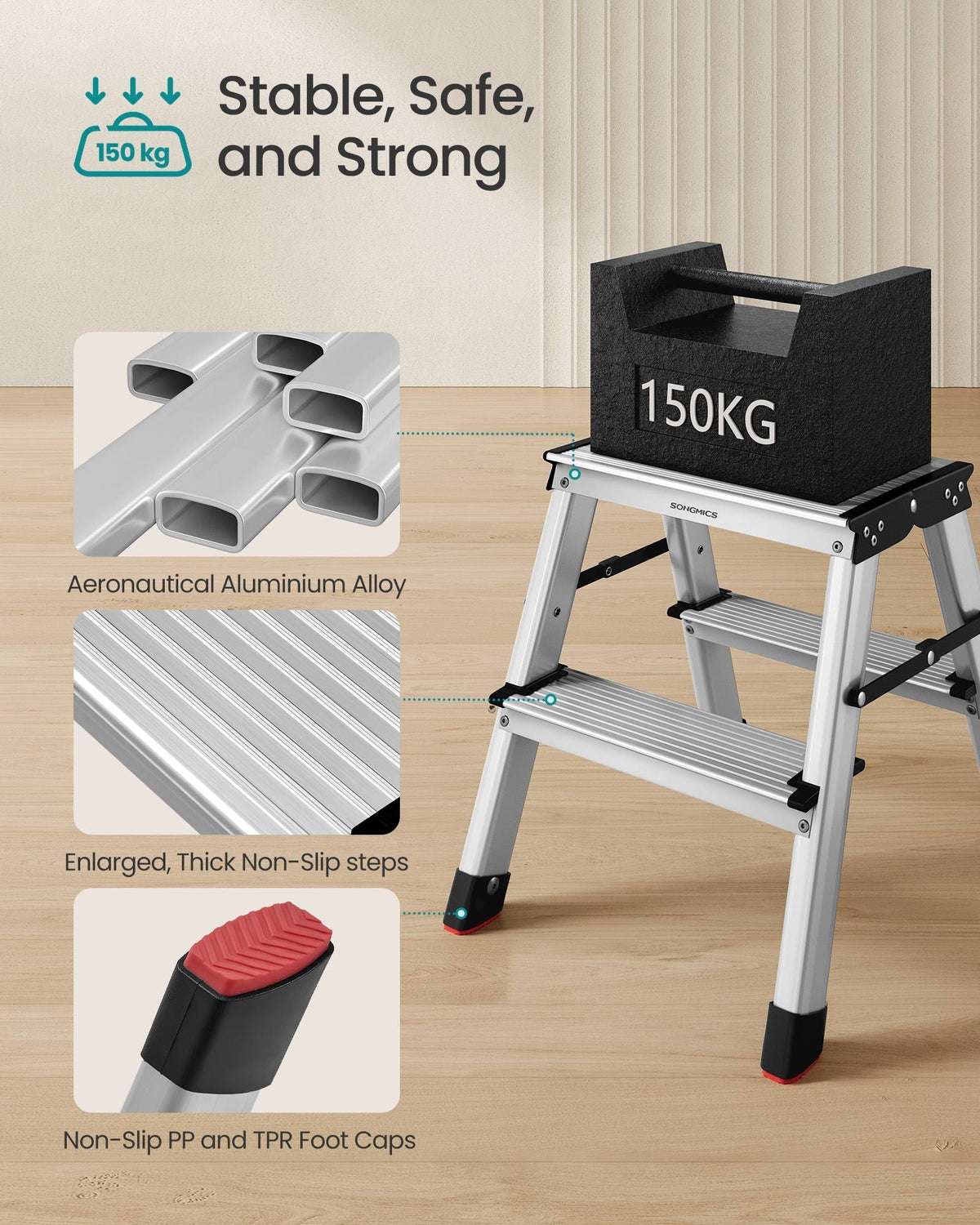 2-Step Folding Aluminium Ladder - Silver Grey - Lightweight Multi-Purpose Design